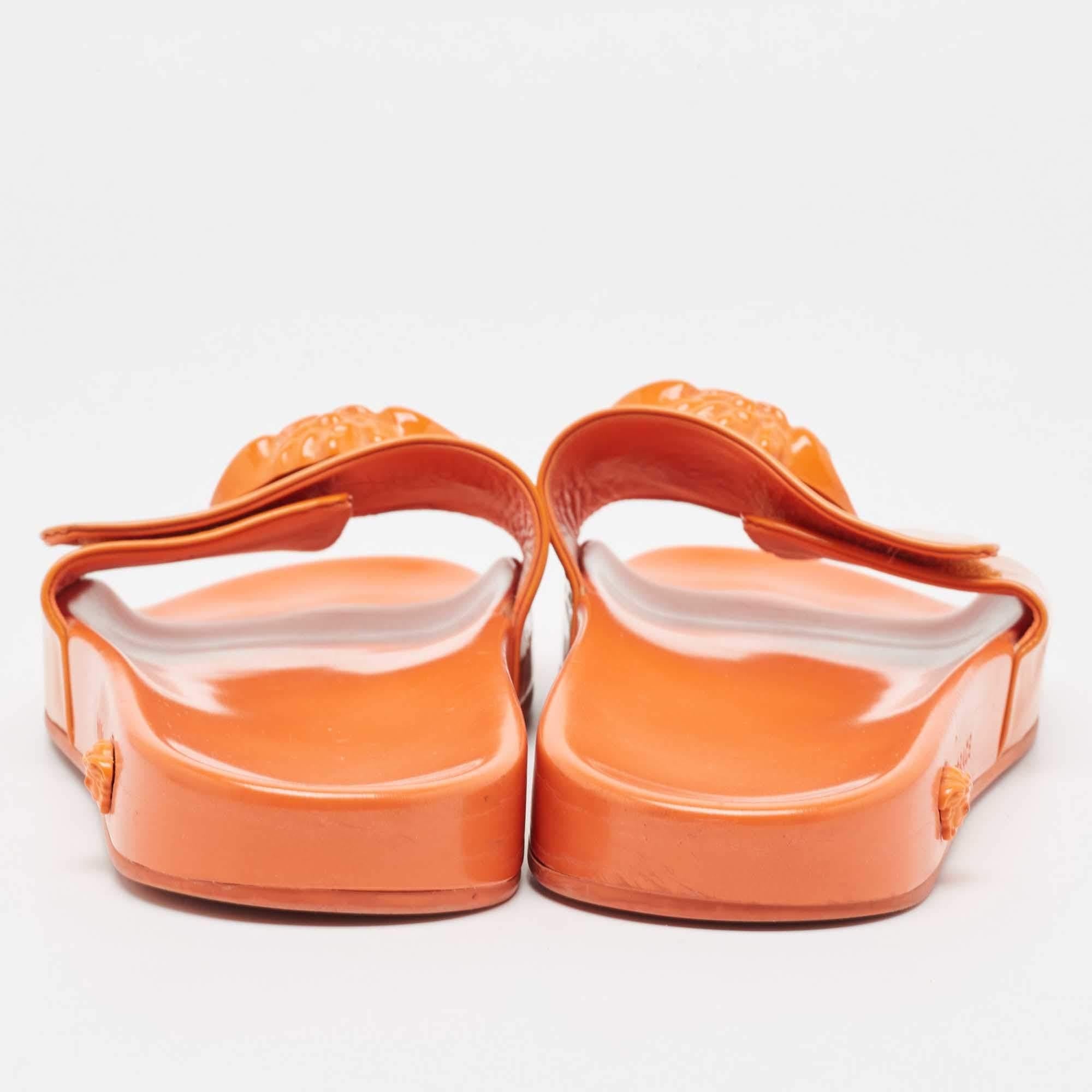 Women's Versace Orange Patent Leather Medusa Flat Slides Size 41