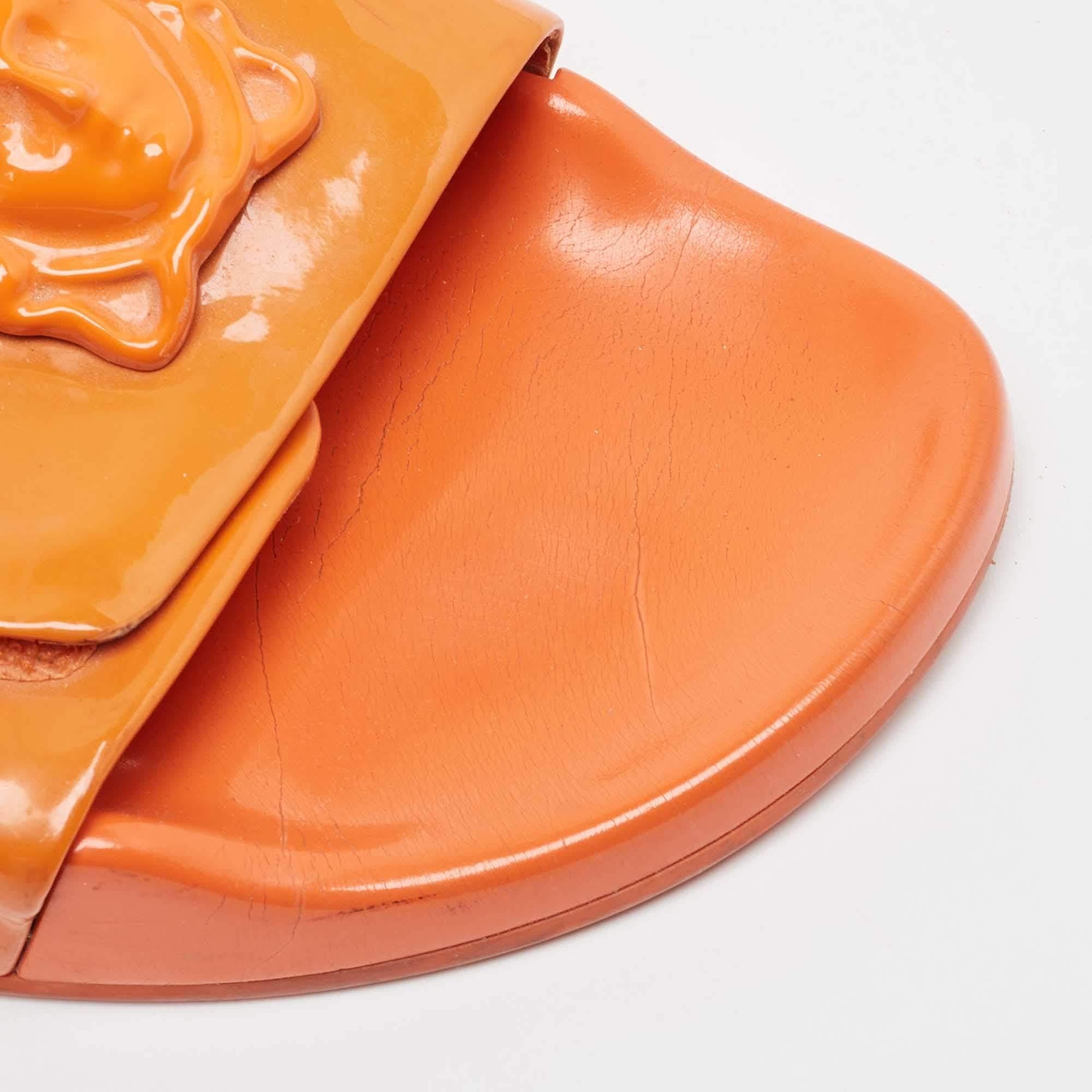 Versace Orange Patent Leather Medusa Flat Slides Size 41 2