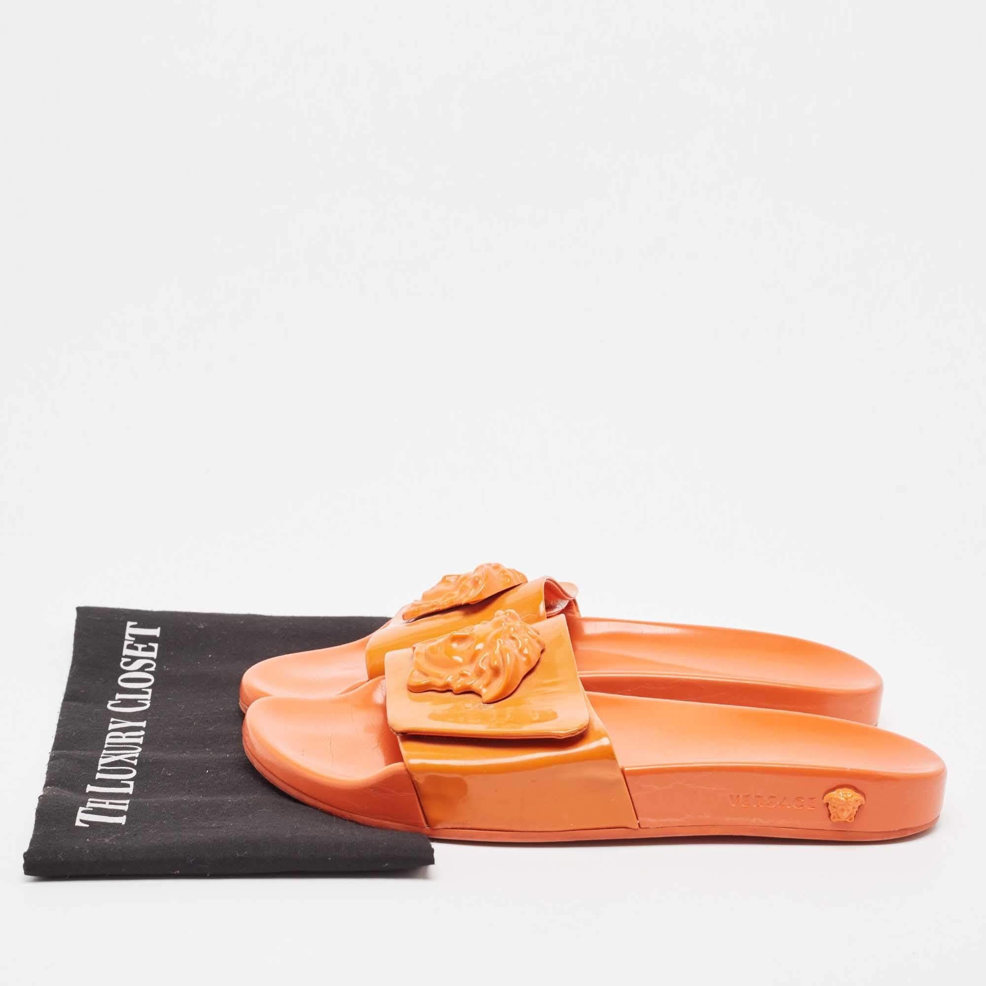 Versace Orange Patent Leather Medusa Flat Slides Size 41 4