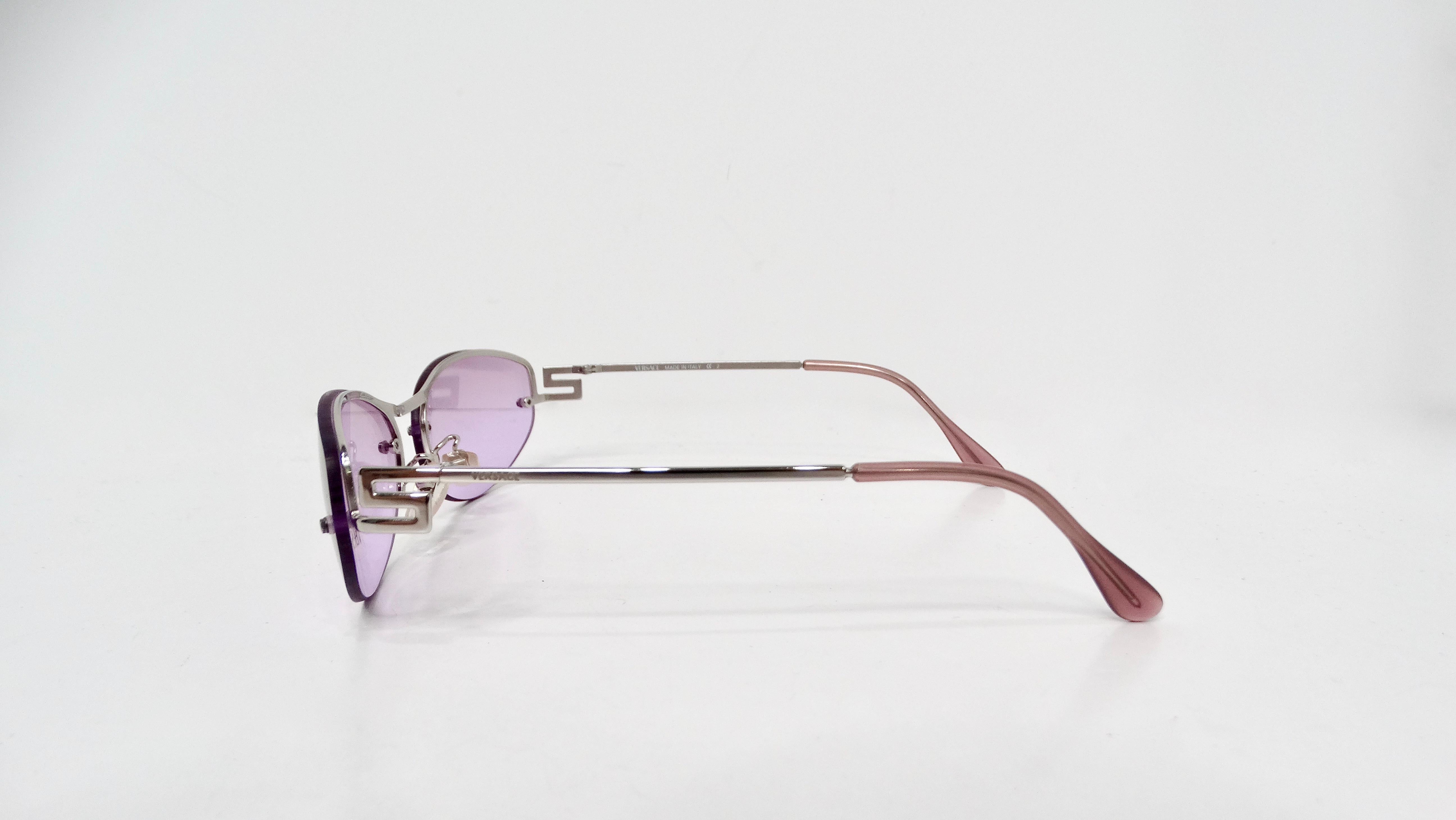 Versace Oval Frameless Purple Lens Sunglasses circa 1990s In Good Condition For Sale In Scottsdale, AZ