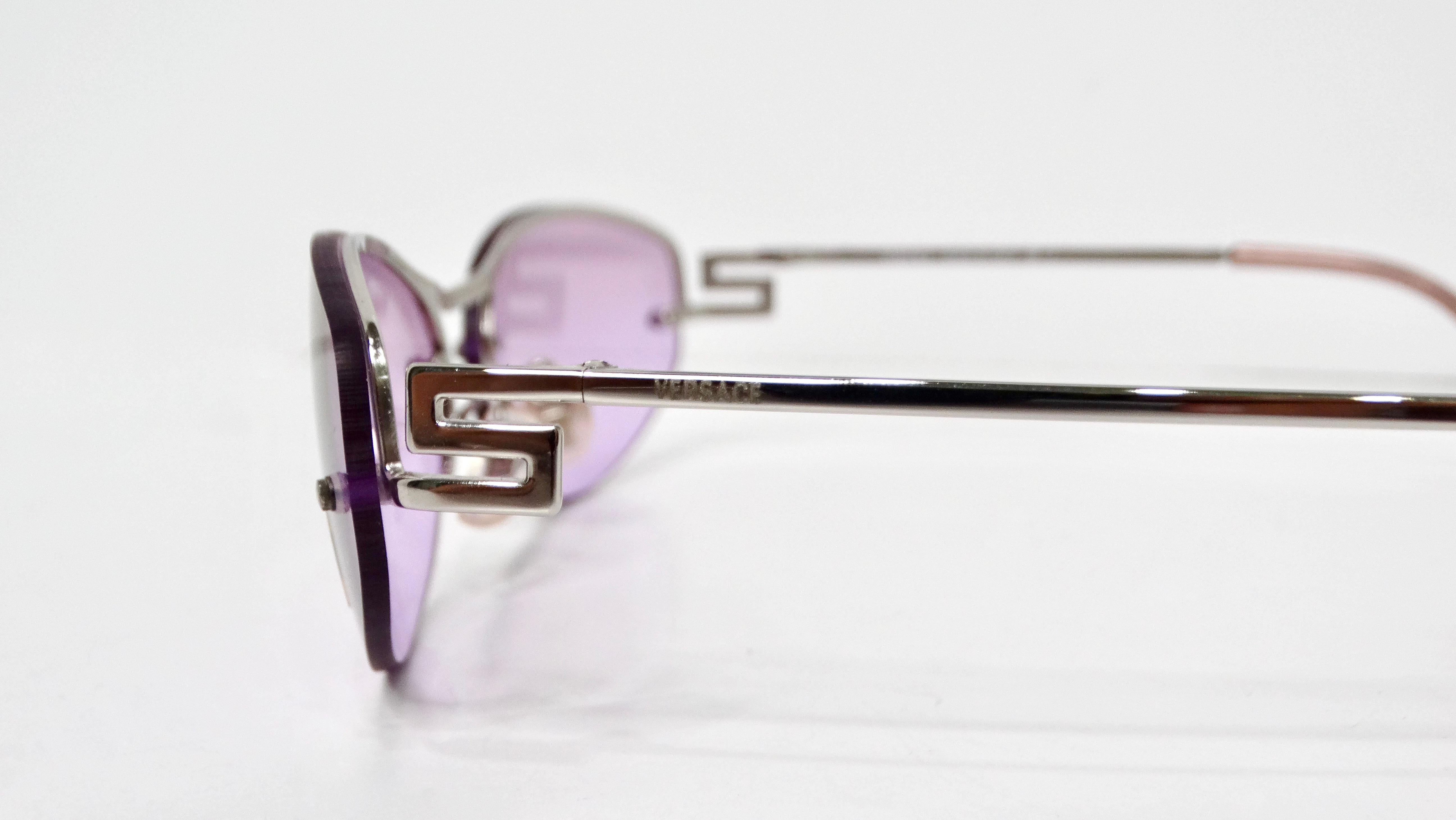 Women's Versace Oval Frameless Purple Lens Sunglasses circa 1990s For Sale