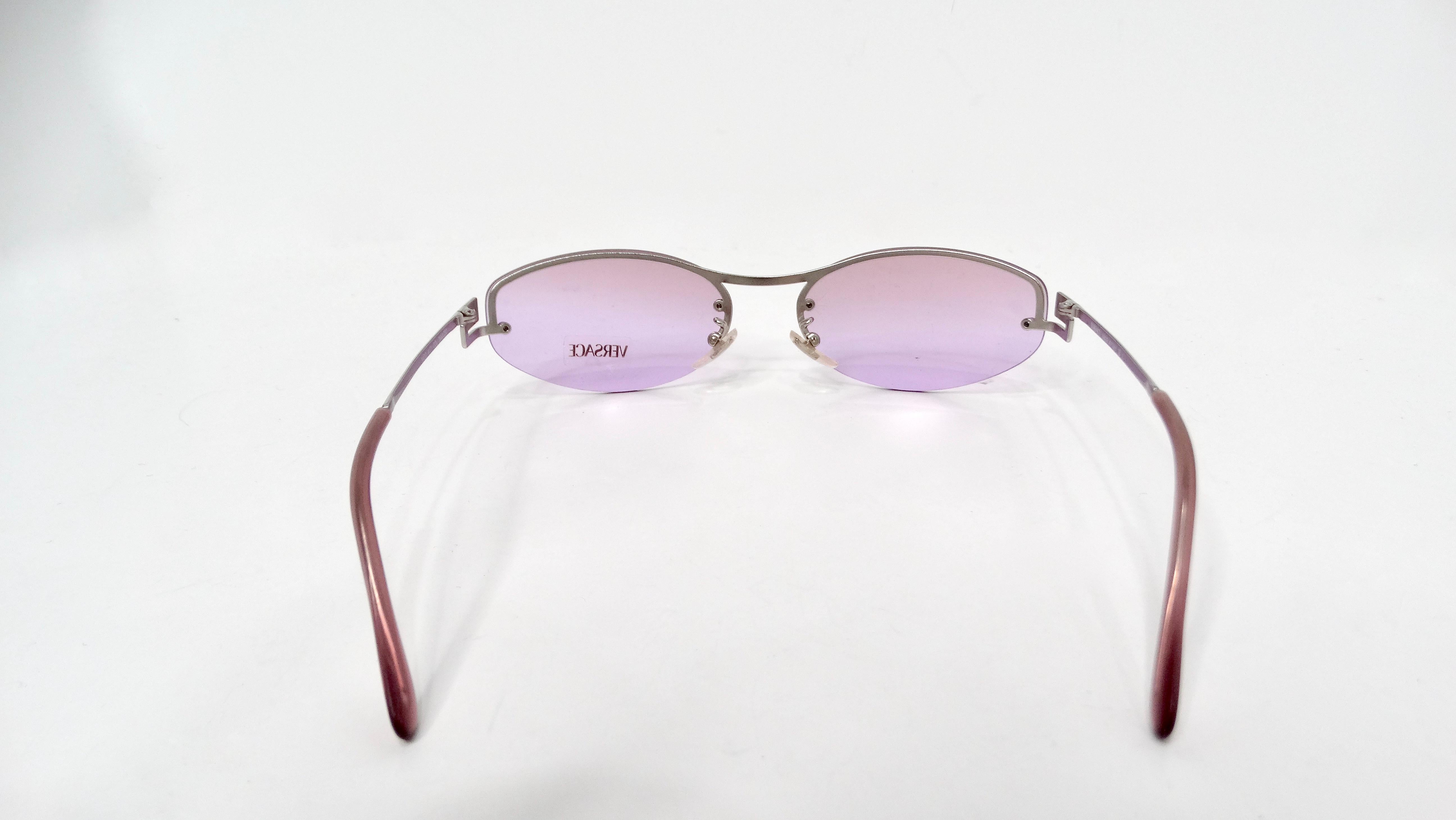 Versace Oval Frameless Purple Lens Sunglasses circa 1990s For Sale 1