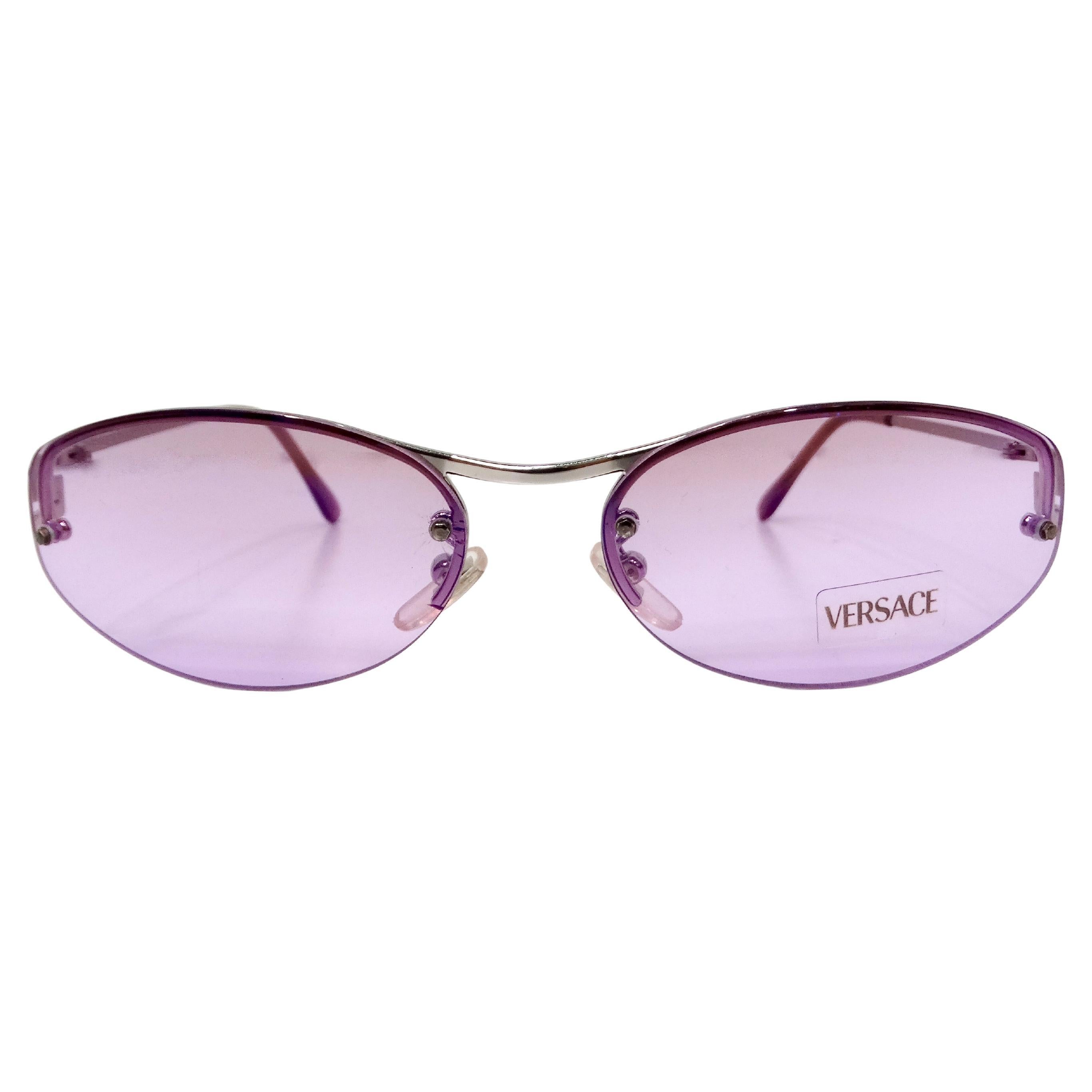 Versace Oval Frameless Purple Lens Sunglasses circa 1990s For Sale
