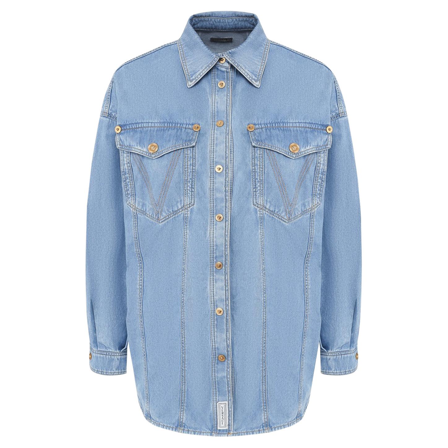 Versace Oversized Light Blue Denim Long Sleeve Button Down Shirt Size 38 