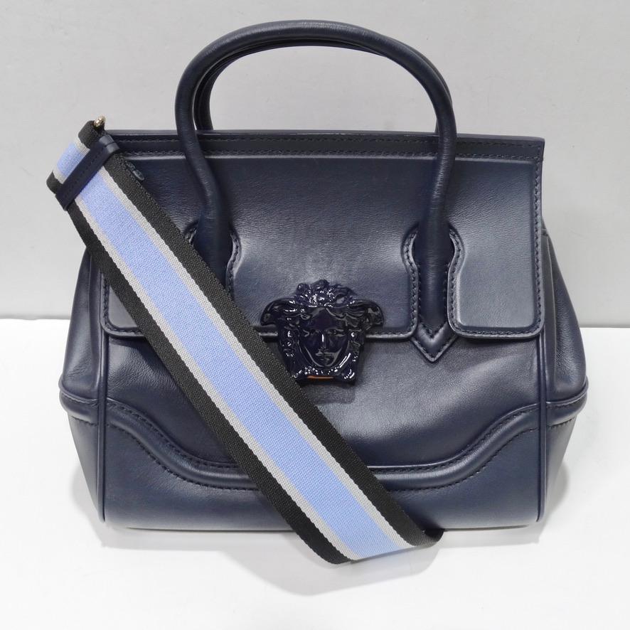 Do not miss out on this rare Versace Palazzo Empire bag in this gorgeous midnight blue/navy color-way! Versace presents an elevated take on their classic Palazzo handbag with this wonderful navy blue addition with a removable crossbody strap. The