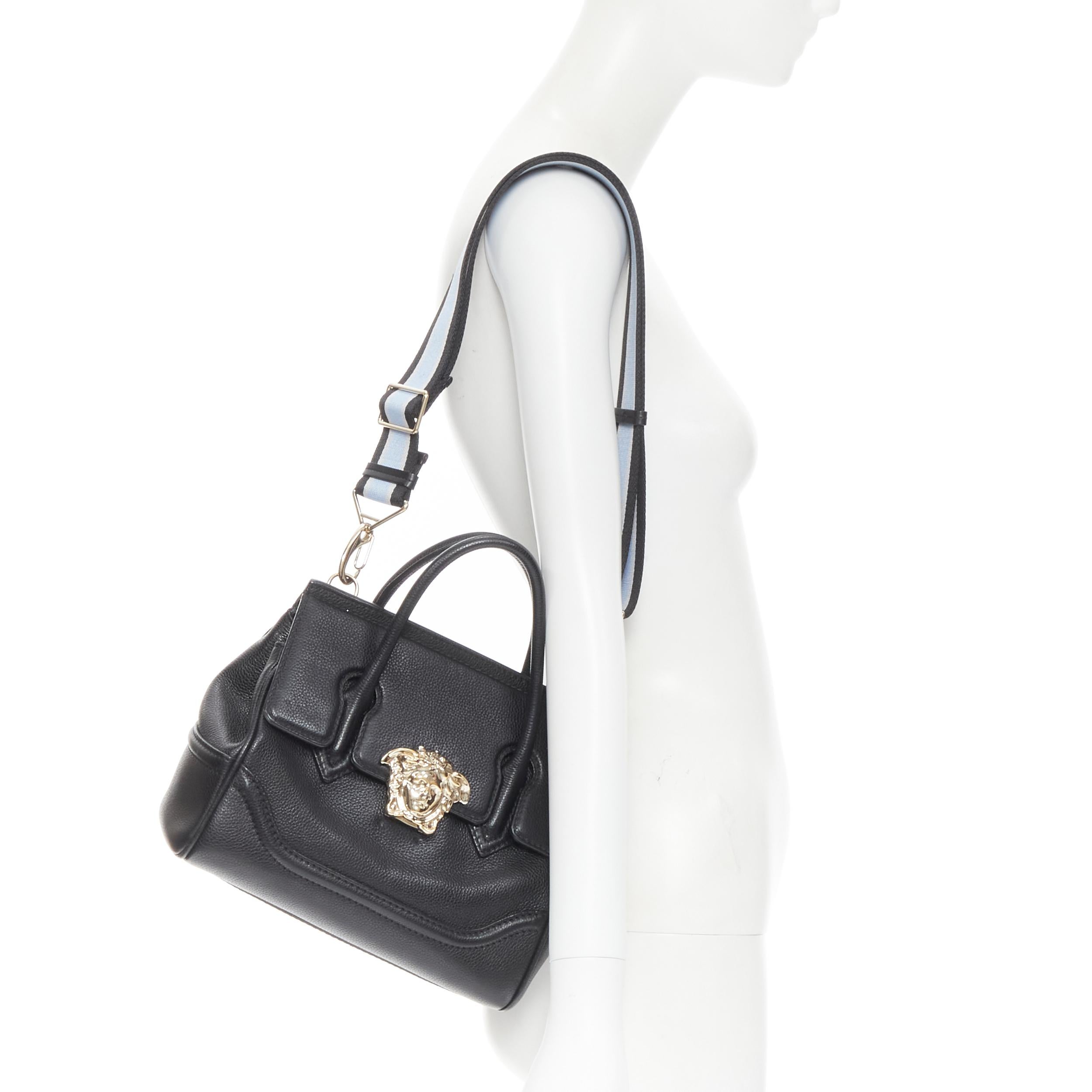 VERSACE Palazzo Empire Small black gold Medusa crossbody satchel bag 
Reference: TGAS/B01402 
Brand: Versace 
Designer: Donatella Versace 
Model: Empire 
Small Material: Leather 
Color: Black 
Pattern: Solid 
Closure: Clasp 
Extra Detail: Palazzo