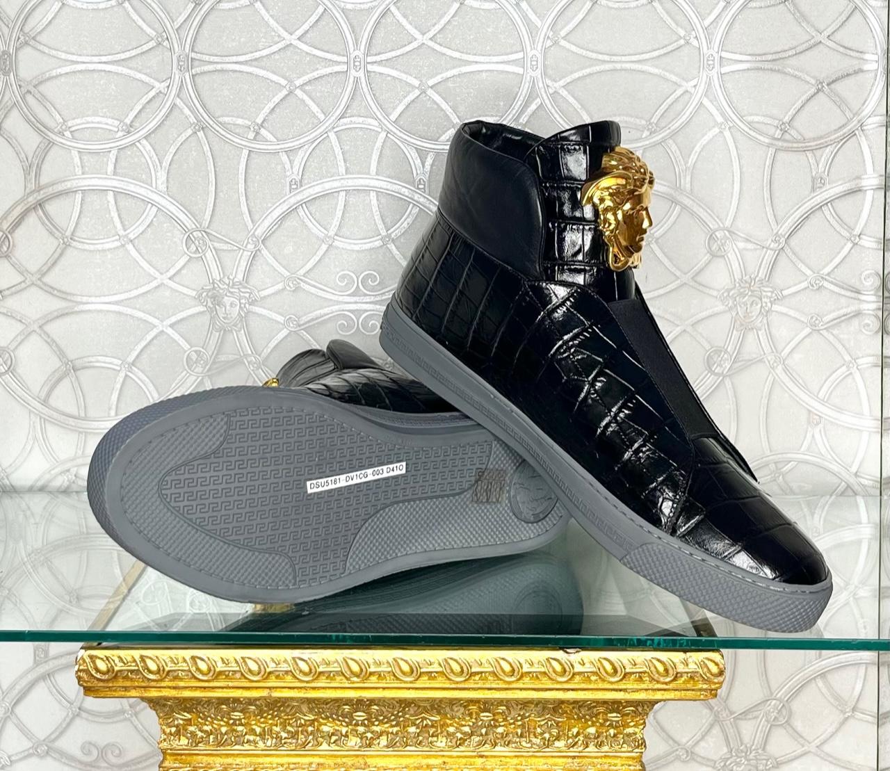 VERSACE PALAZZO MEDUSA BLACK HIGH-TOP CROC PRINT SNEAKERS Sz 43 - 10 In New Condition In Montgomery, TX