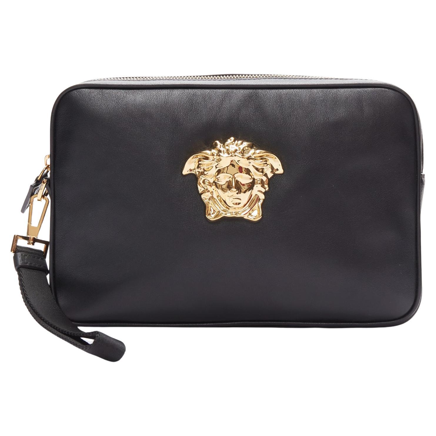 VERSACE Palazzo Medusa black lambskin leather gold zip wristlet clutch bag- For Sale