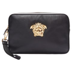 VERSACE Palazzo Medusa black lambskin leather gold zip wristlet clutch bag-