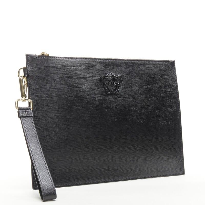 Black VERSACE Palazzo Medusa emblem black saffiano leather zip pouch clutch