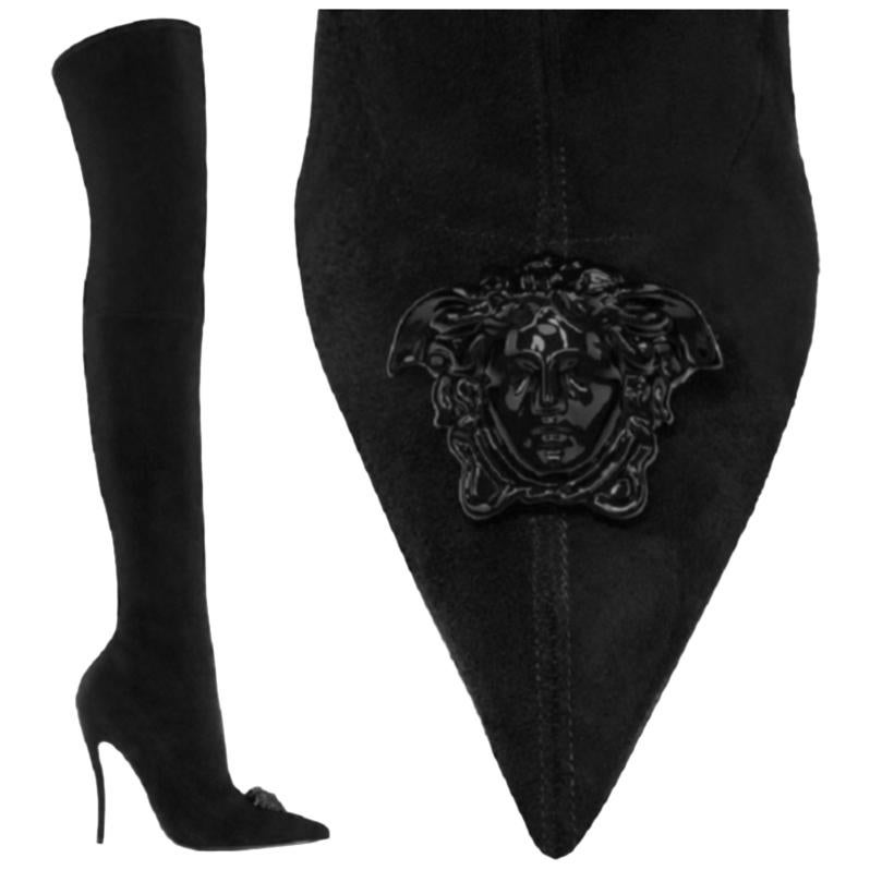 Versace Palazzo Thigh High Black Suede Stiletto Boots 36 - 6 For Sale