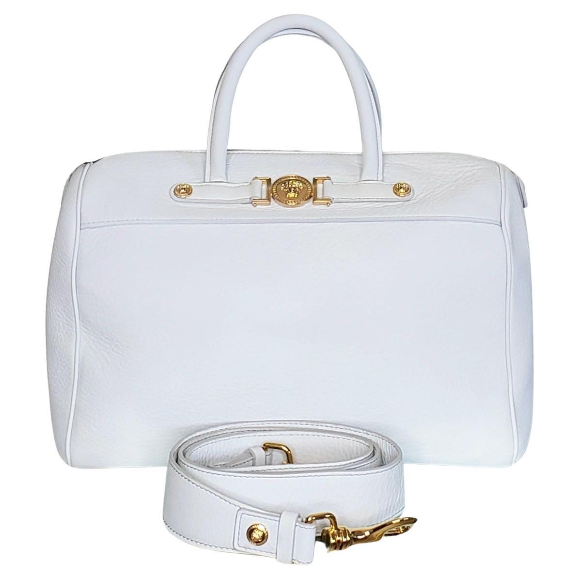 VERSACE PALAZZO WHITE LEATHER TOTE BAG w/ GOLD-TONE HARDWARE  For Sale