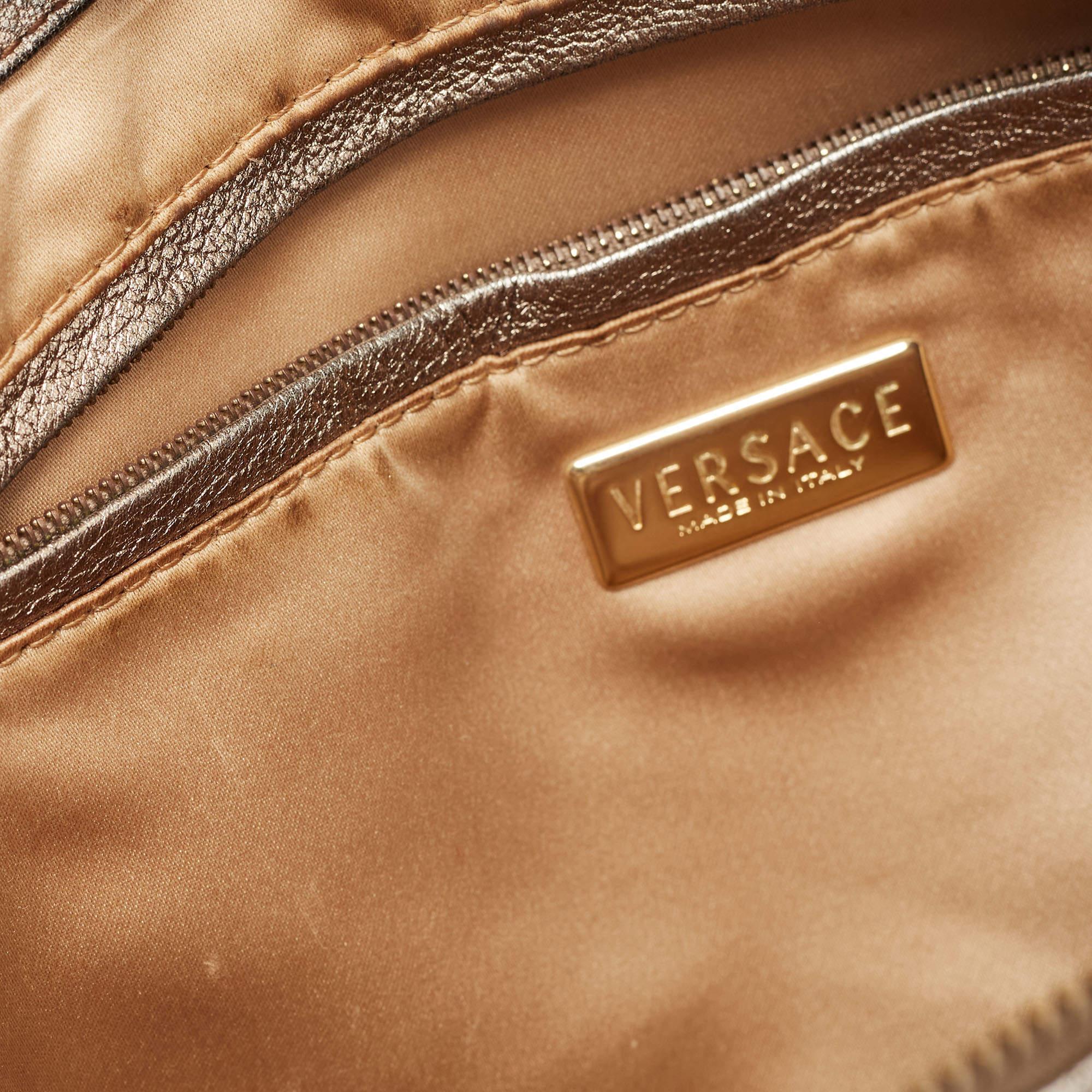 Versace Pale Gold/Beige Signature Fabric and Leather Snap Out Of It Satchel 9