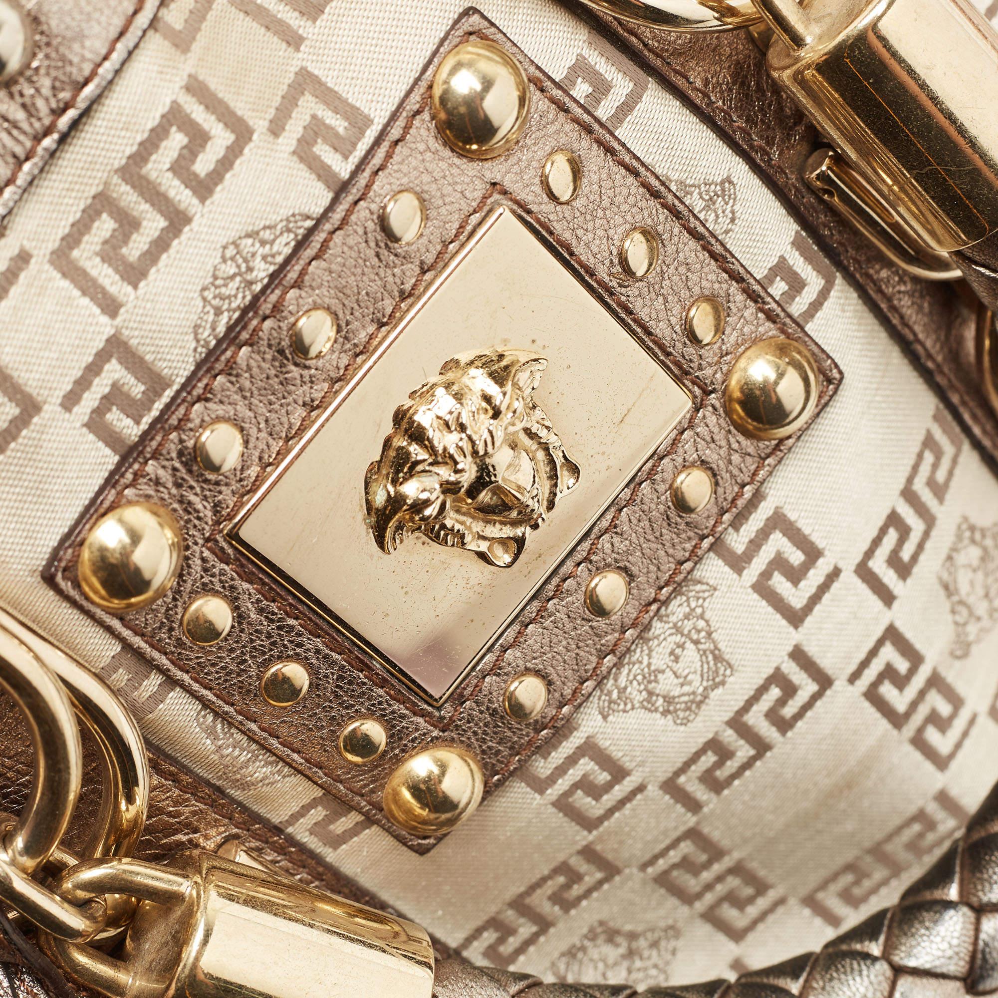 Versace Pale Gold/Beige Signature Fabric and Leather Snap Out Of It Satchel 10