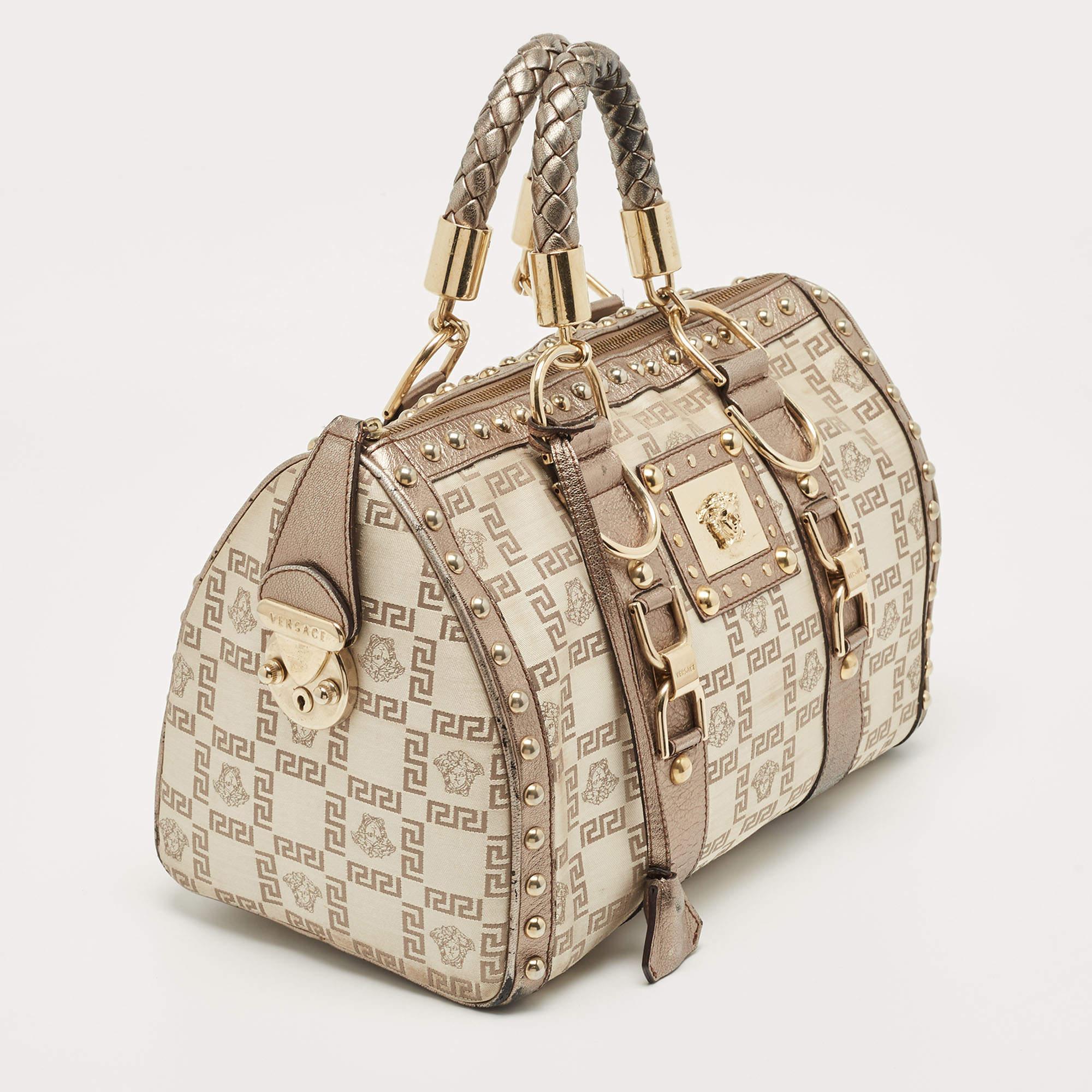 Versace Pale Gold/Beige Signature Fabric and Leather Snap Out Of It Satchel 14