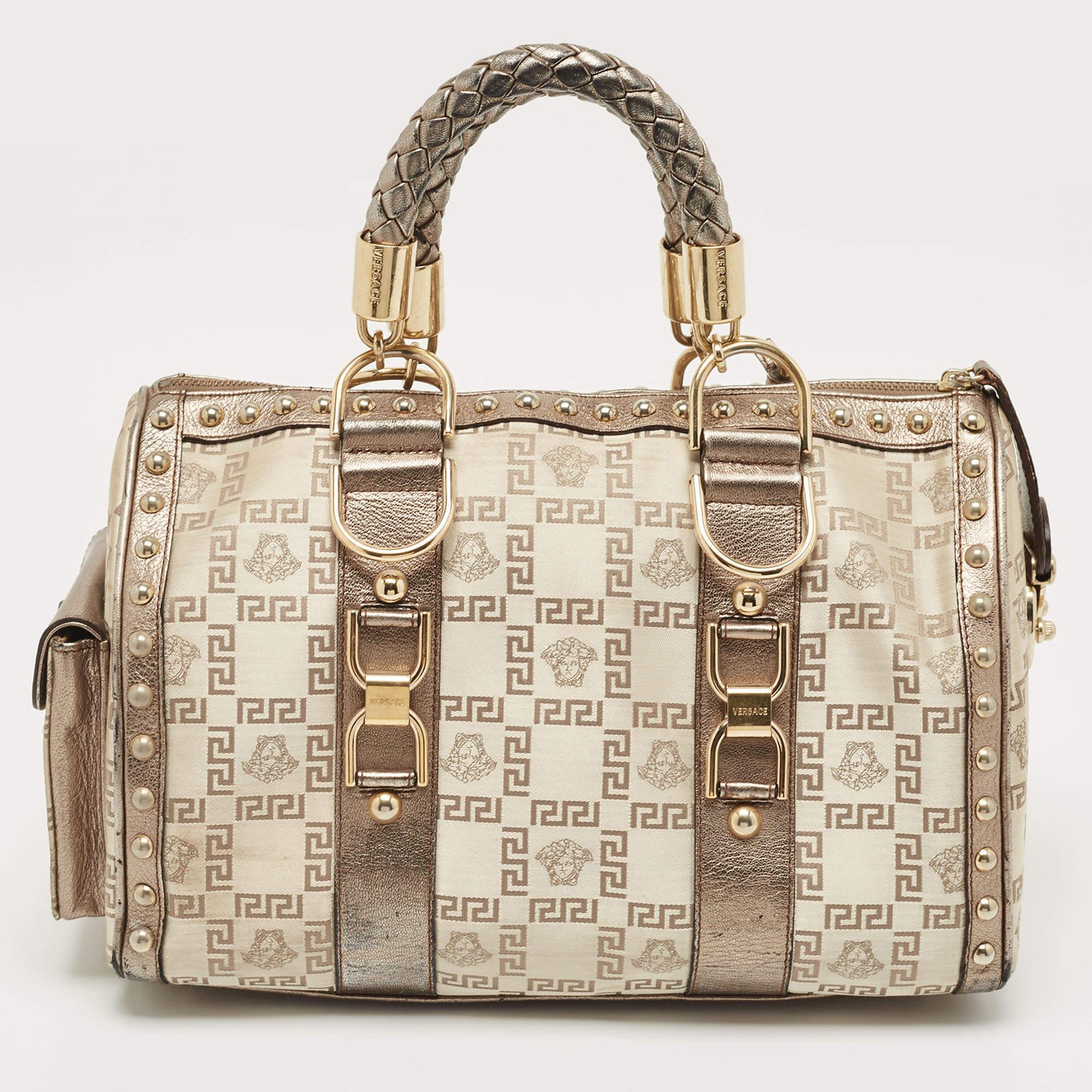 Versace Pale Gold/Beige Signature Fabric and Leather Snap Out Of It Satchel 1
