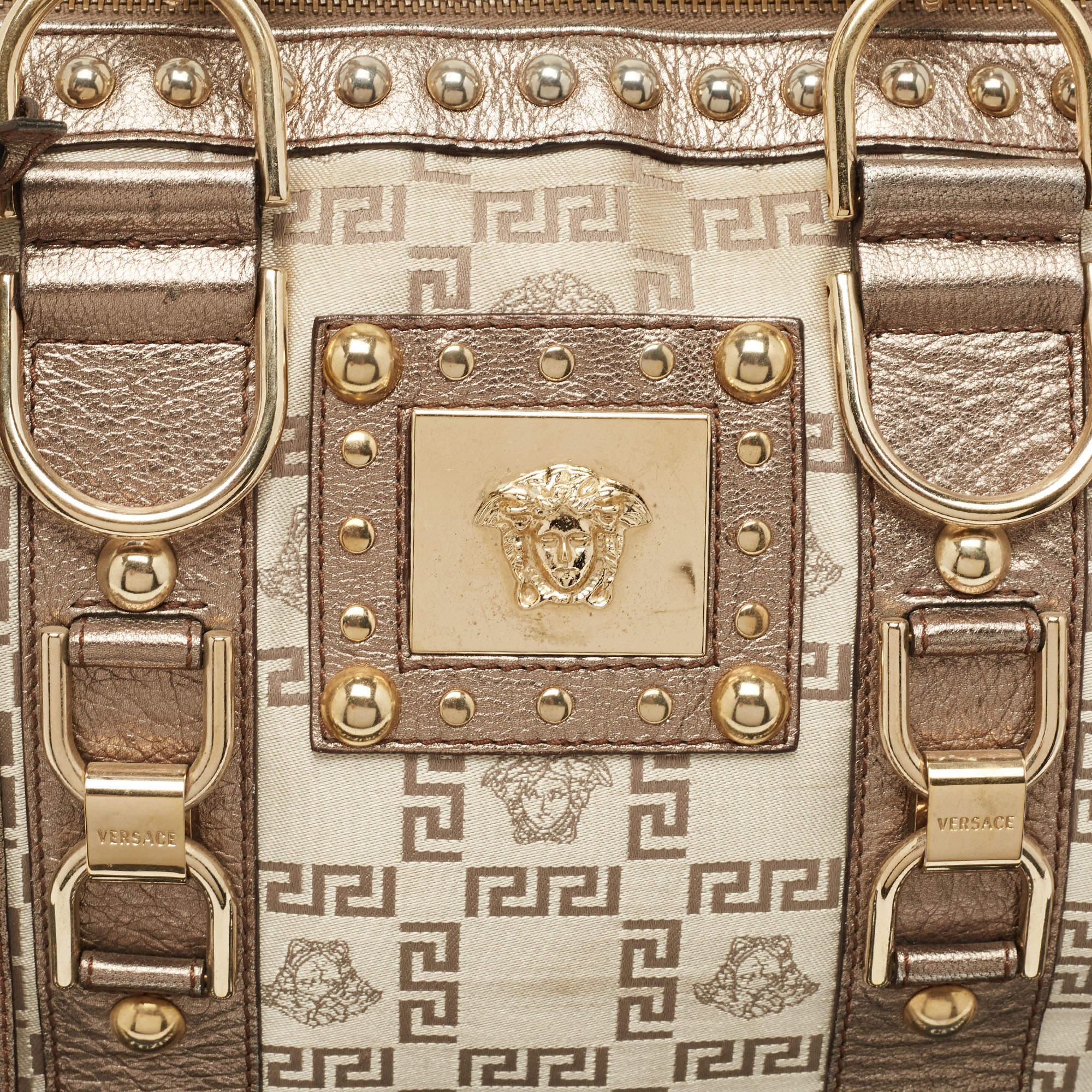 Versace Pale Gold/Beige Signature Fabric and Leather Snap Out Of It Satchel 4