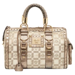 Versace Pale Gold/Beige Signature Fabric and Leather Snap Out Of It Satchel