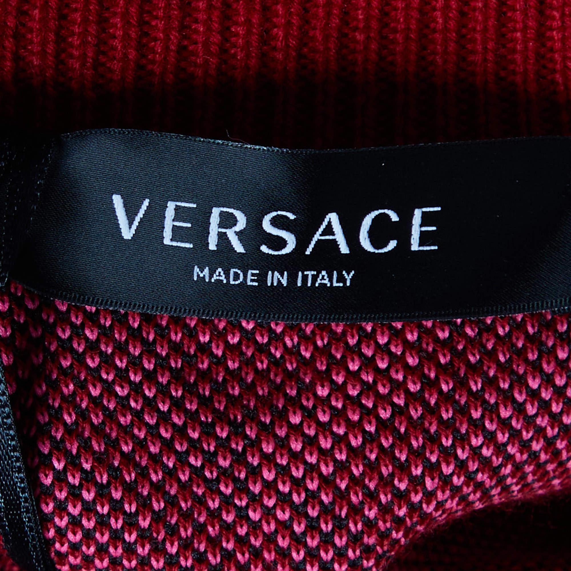 Versace Parade Red La Greca Jacquard Knit Cocoon Sweater M For Sale 2