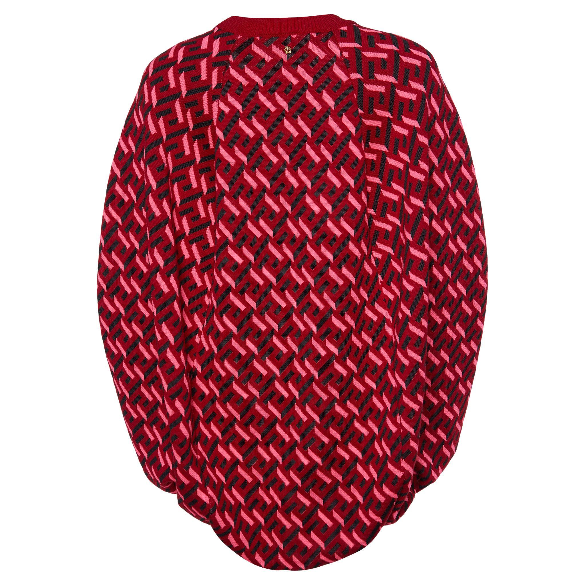 Versace Parade Red La Greca Jacquard Knit Cocoon Sweater M For Sale