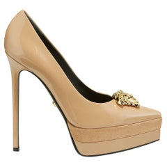 Versace Patent Nude with Gold Medusa Head Palazzo Platform Pump Size 40