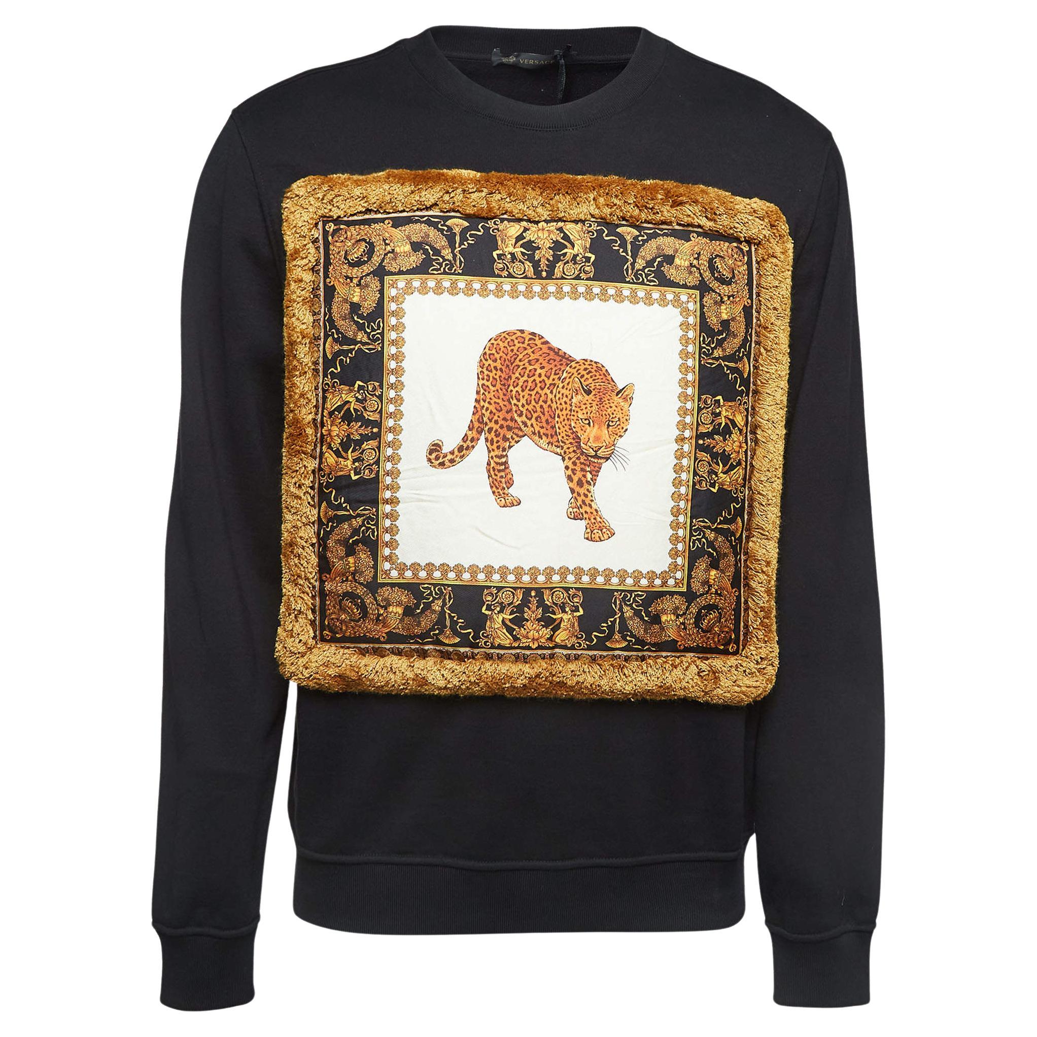 Versace Pillow Talk Black Leopard Print Applique Cotton Sweatshirt L For Sale