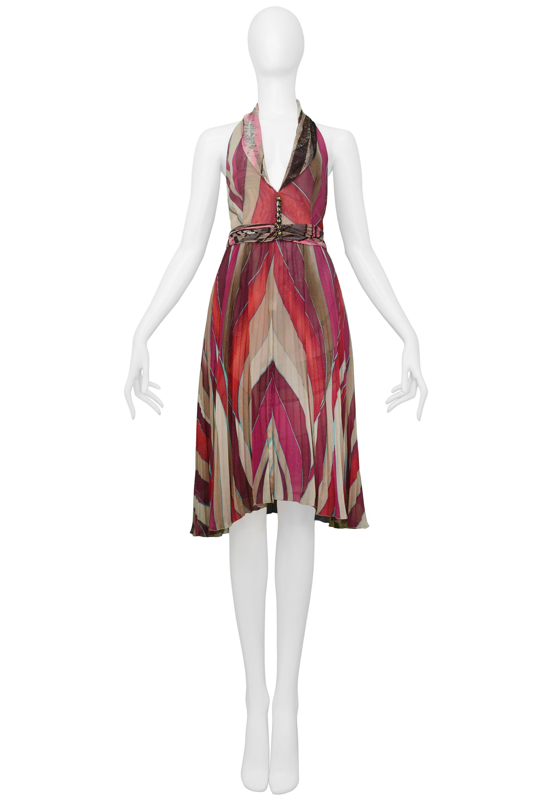 Resurrection Vintage is excited to offer a vintage Versace pink, red, and brown halter dress featuring a halter neck with lace shawl collar, plunging neckline, jewel buttons, attached lace belt with jewel button, and printed lace underskirt.