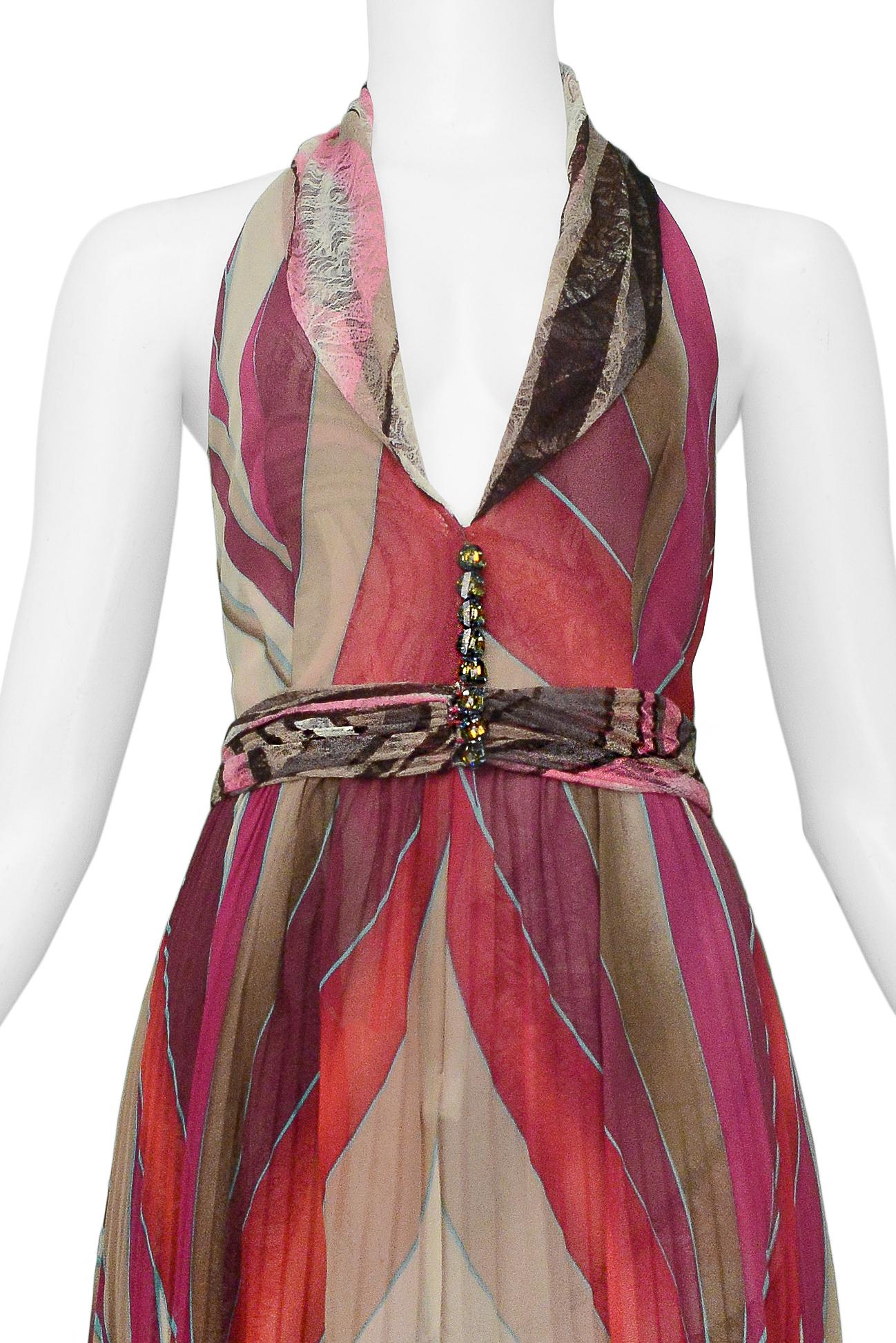 Beige Versace Pink Abstract Print Halter Dress With Lace Panels 2000 For Sale