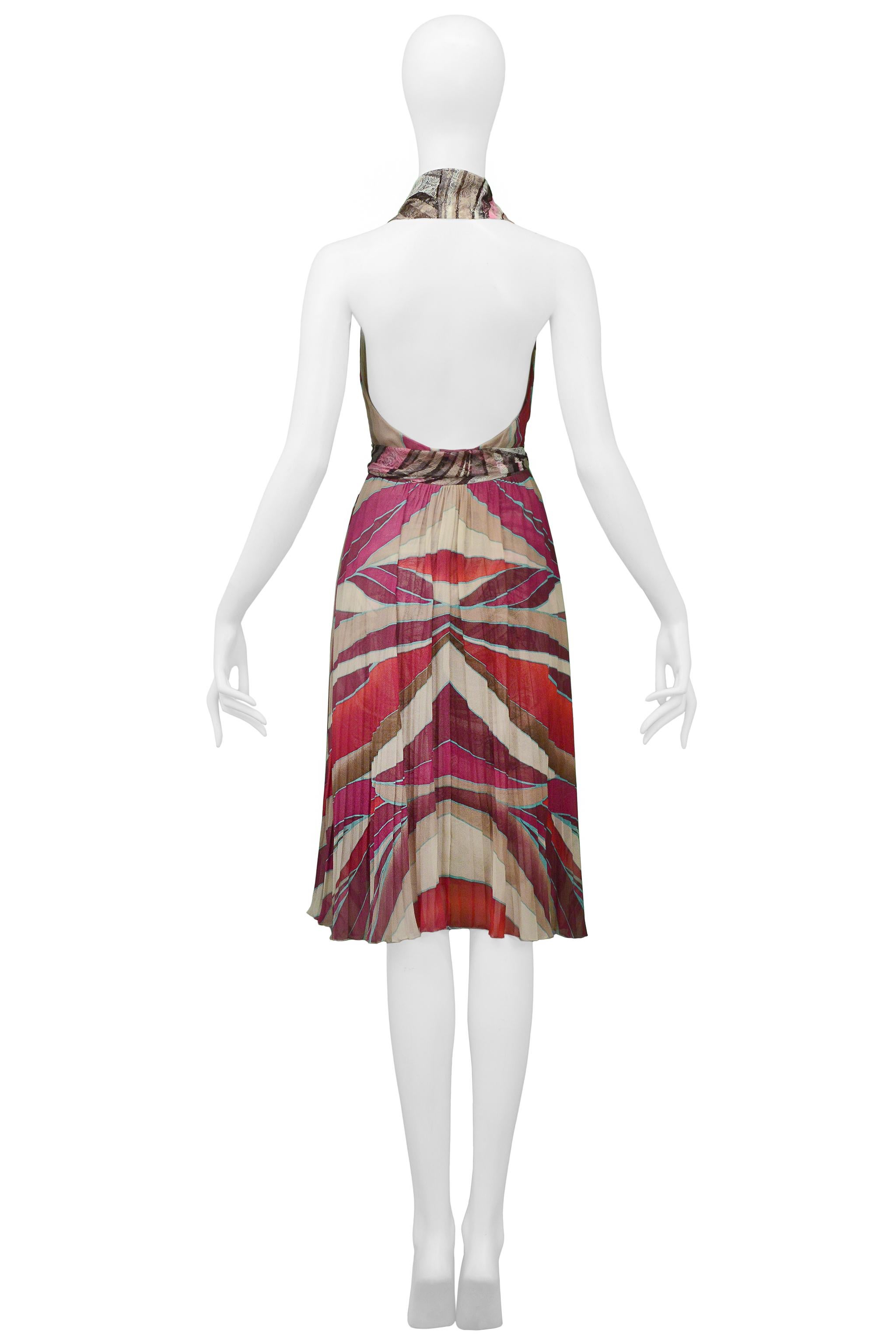 Versace Pink Abstract Print Halter Dress With Lace Panels 2000 In Excellent Condition For Sale In Los Angeles, CA