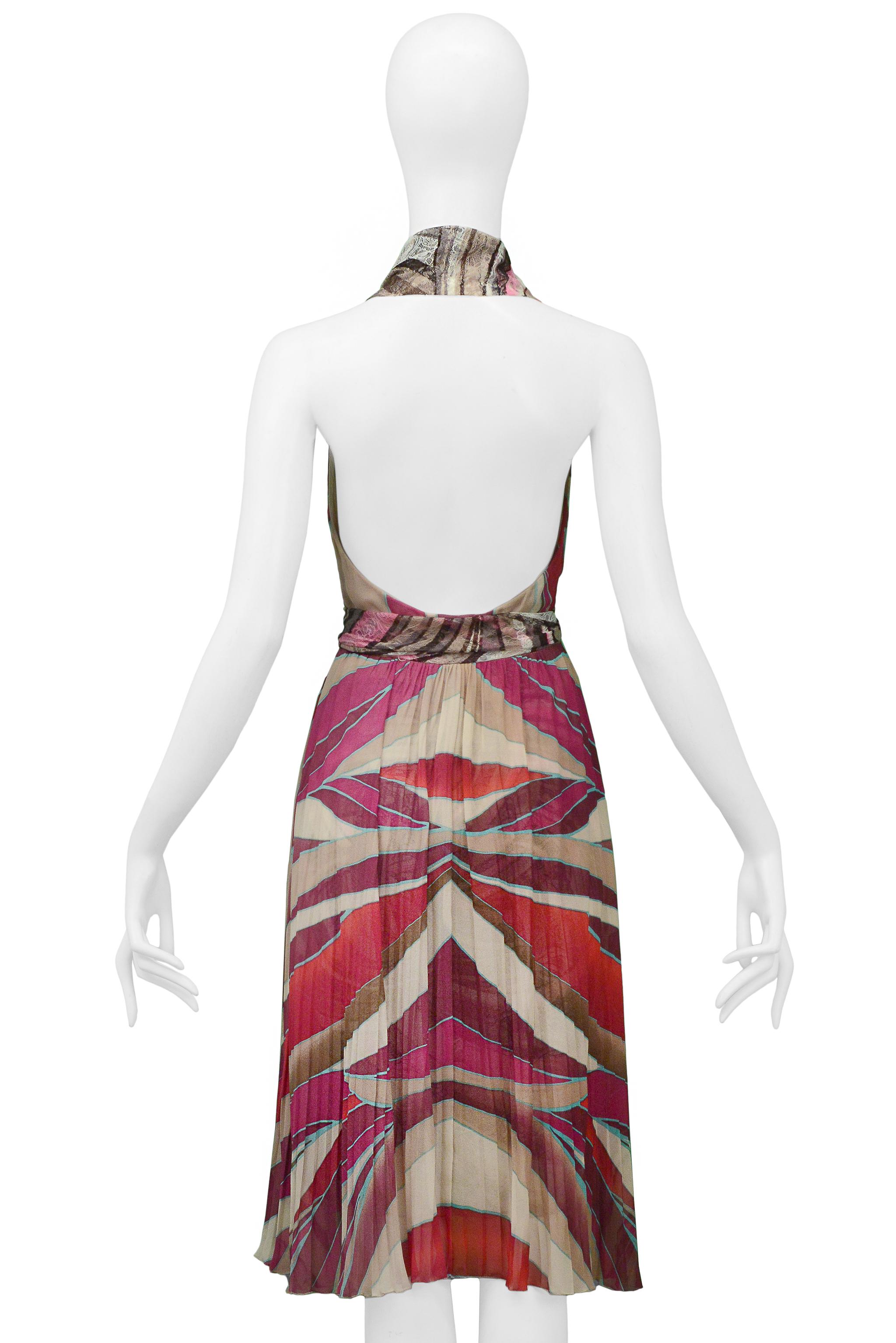 Women's Versace Pink Abstract Print Halter Dress With Lace Panels 2000 For Sale