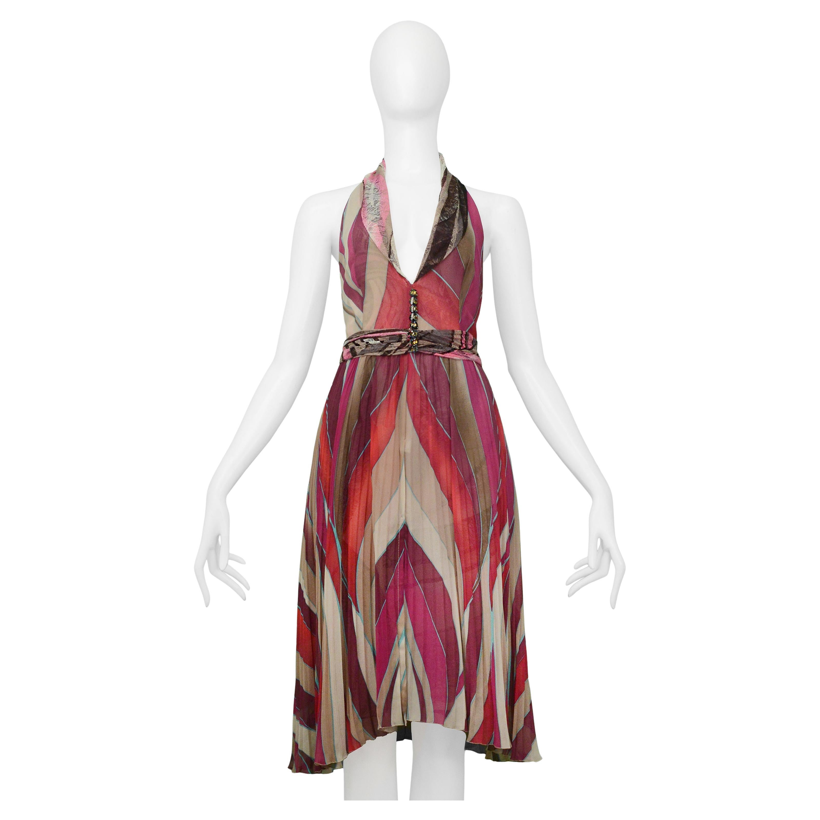 Versace Pink Abstract Print Halter Dress With Lace Panels 2000