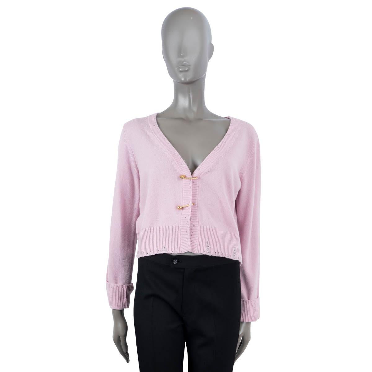 VERSACE pink cashmere 2021 SAFETY PIN DISTRESSED Cardigan Sweater 44 L For Sale