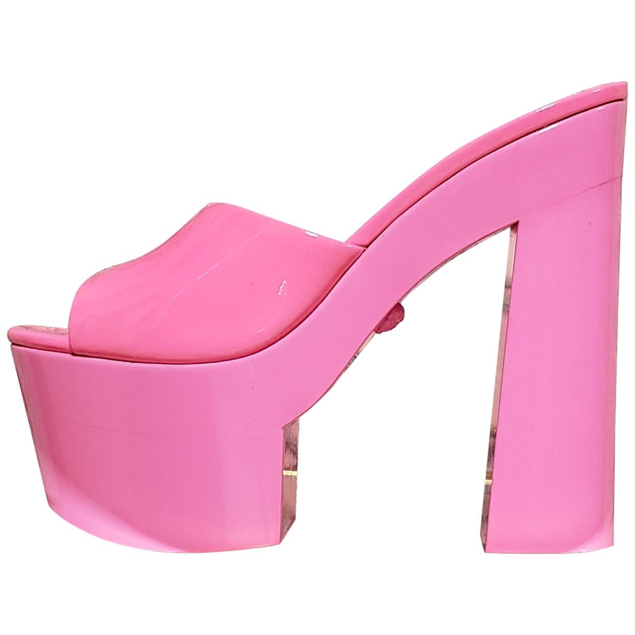 VERSACE Pink Clogs Patent Leather Platform Sandals
