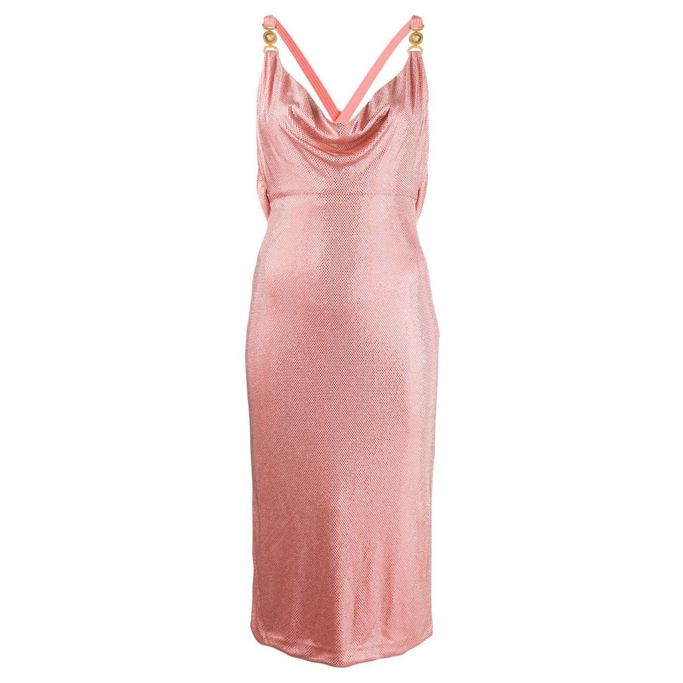 Versace Pink Crystal Embellished Draped Cocktail Midi Dress Size 38