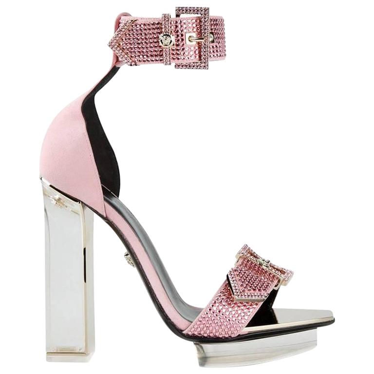 S/S 2015 look # 48 VERSACE pink crystal embellished plexiglass platform sandals