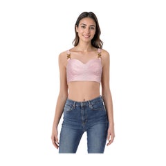 Versace Pink Denim Logo Print Bustier Top Size S