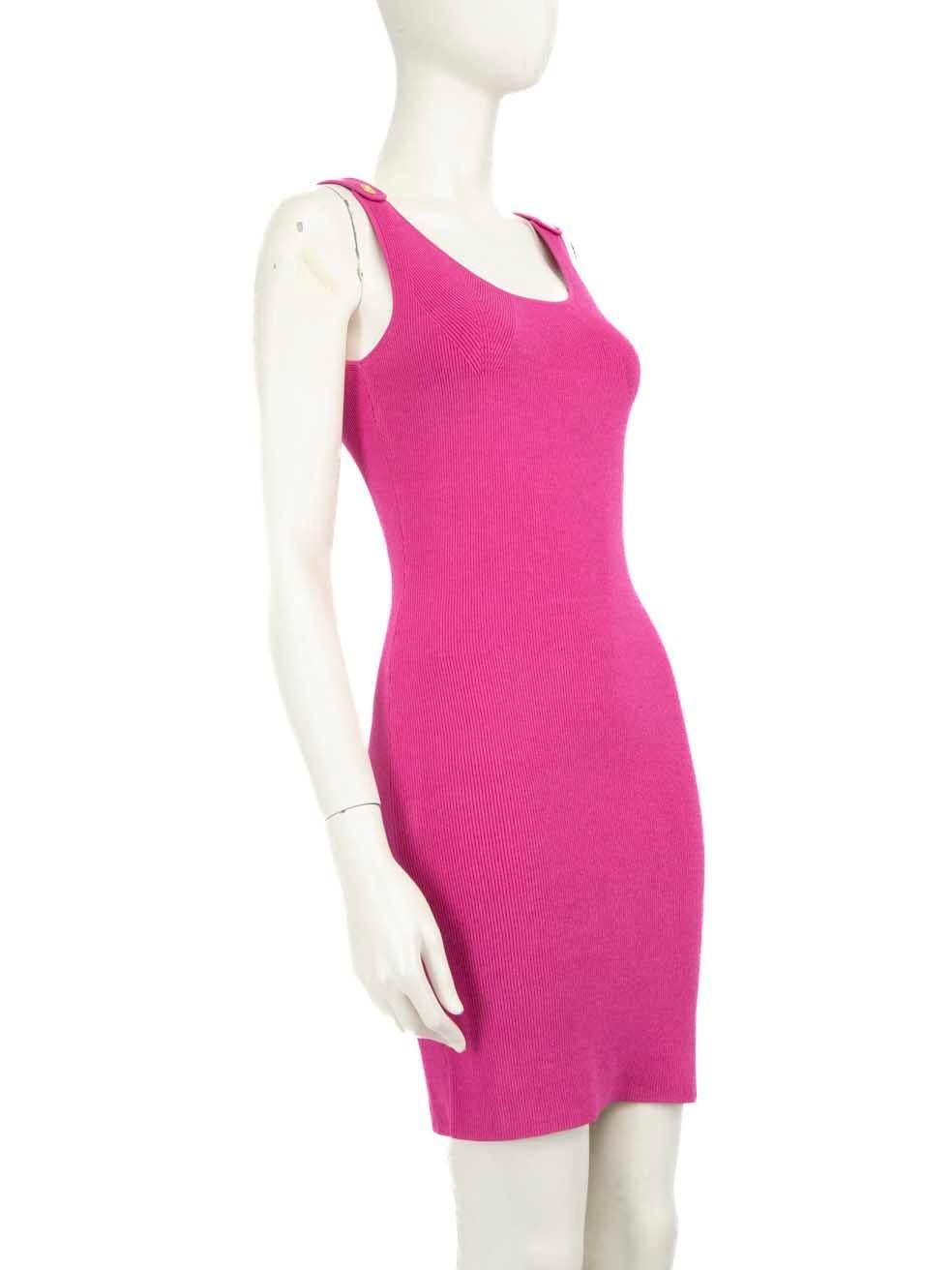 CONDITION is New with tags on this brand new Versace designer item.
  
  Details
  
  
  Pink
  
  Viscose
  
  Dress
  
  Mini
  
  Sleeveless
  
  Stretchy
  
  Gold medusa button detail on shoulders
  
  Figure hugging
  
  Ribbed
  
  
  
  
  
