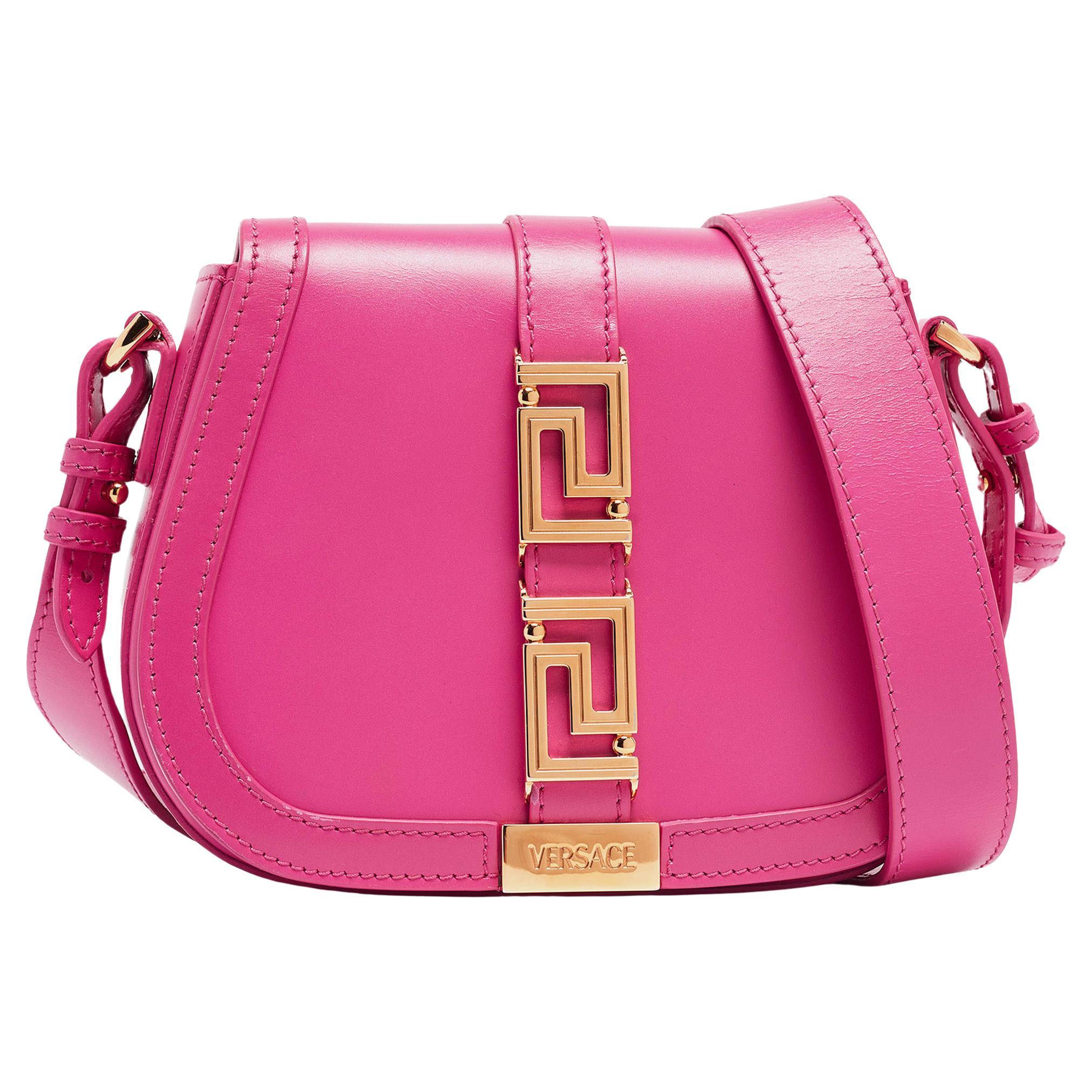 Versace Pink Leather Greca Shoulder Bag For Sale