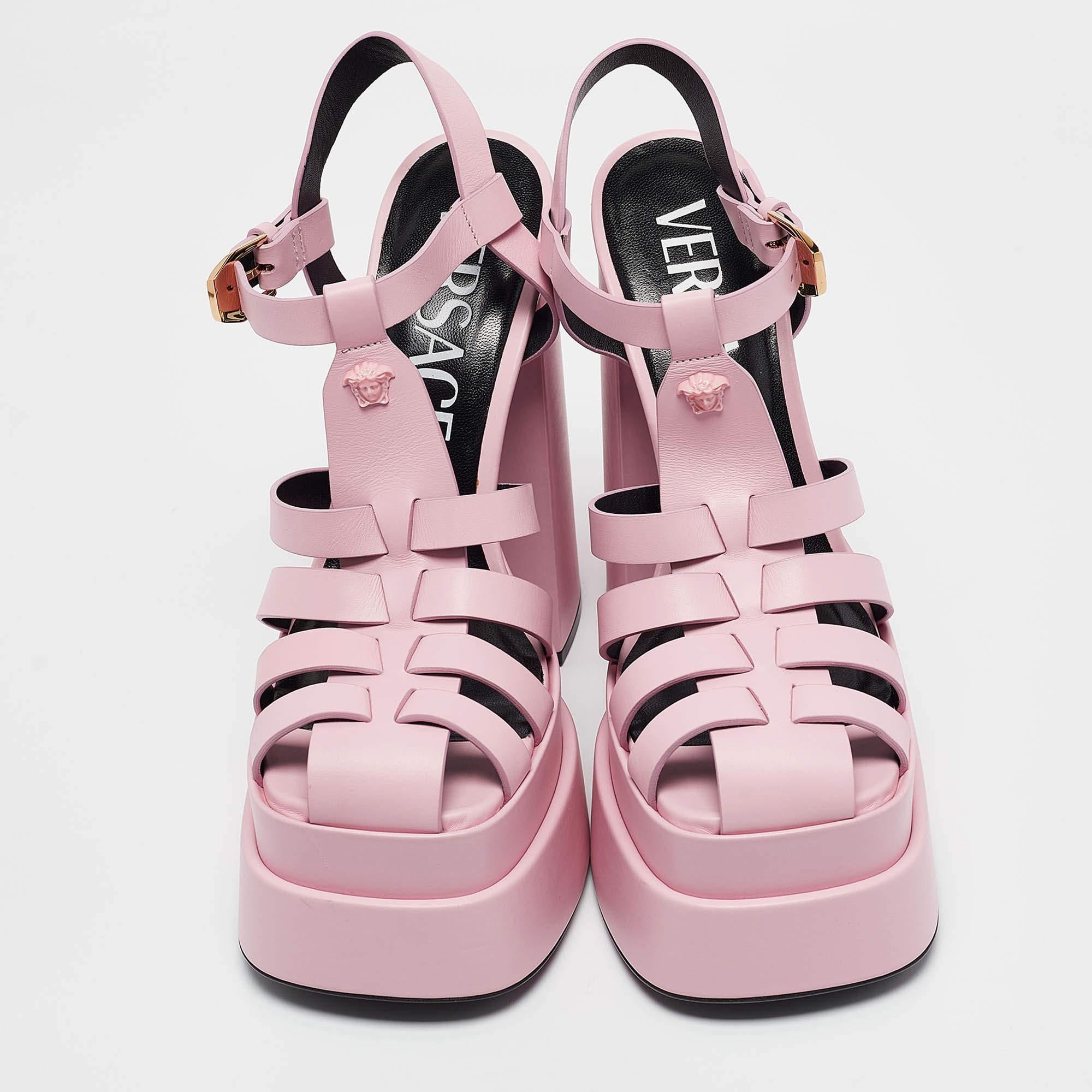Beige Versace Pink Leather La Medusa Platform Sandals Size 40 For Sale