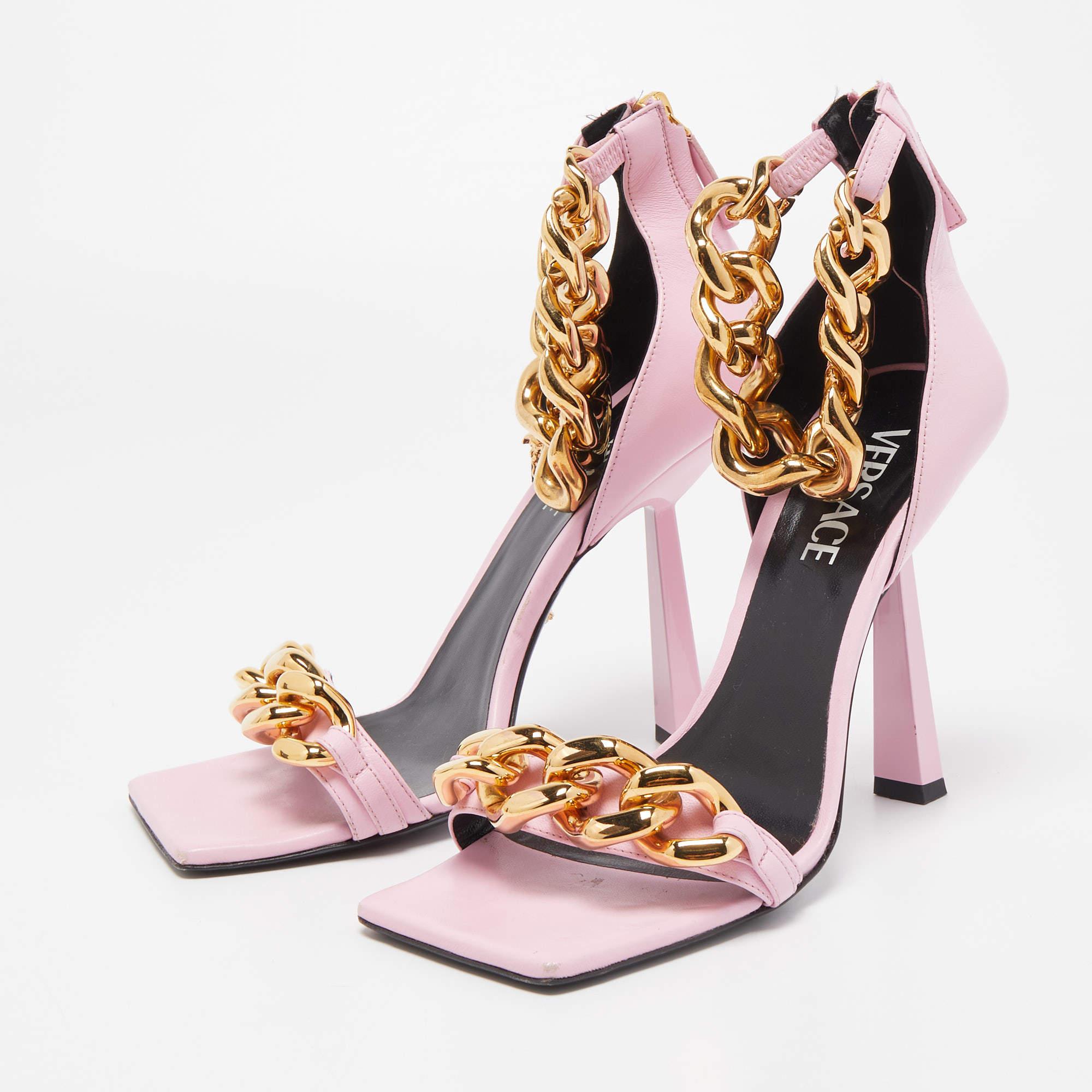 Women's Versace Pink Leather Medusa Chain Sandals Size 39