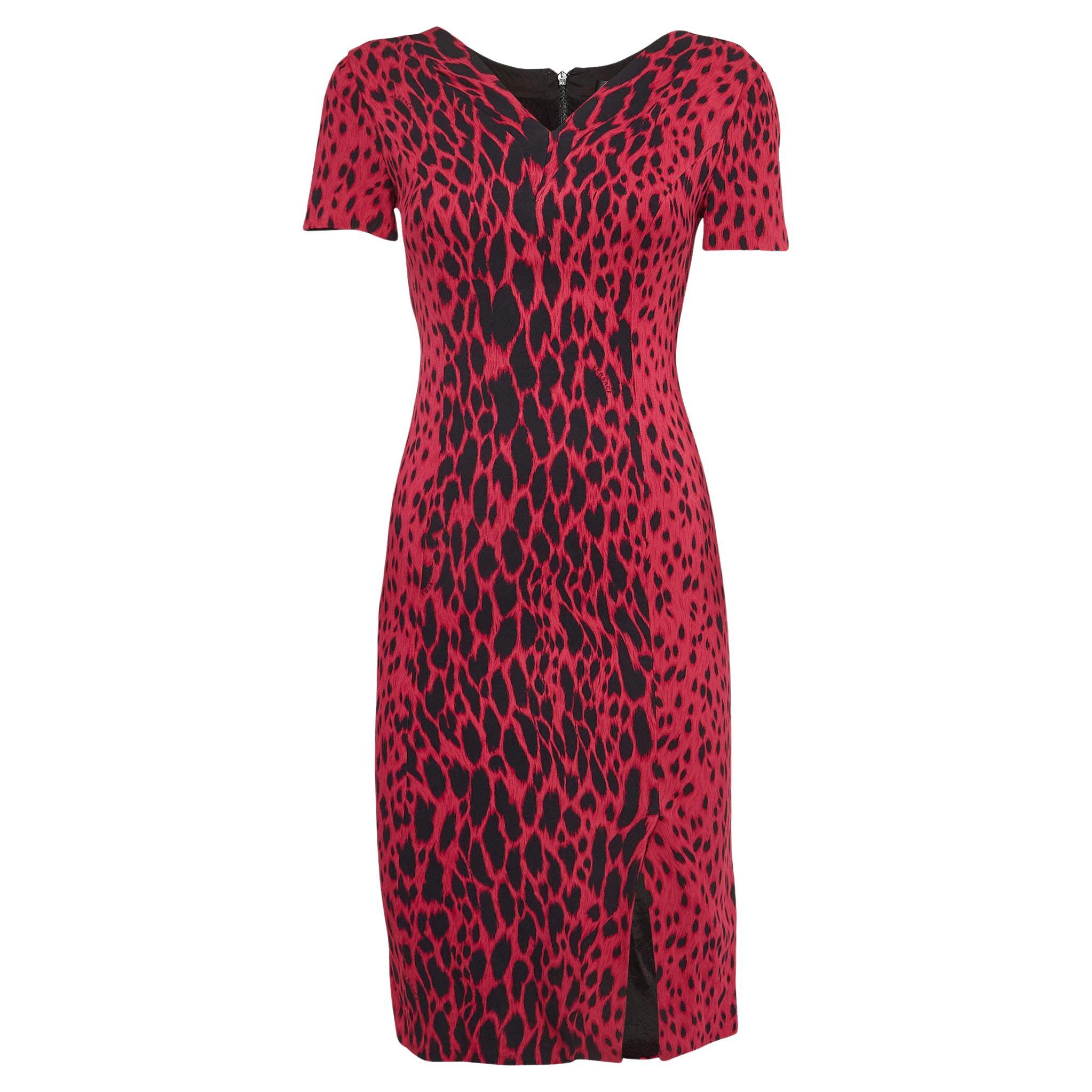 Versace Pink Leopard Print Crepe Panelled Sheath Dress S For Sale