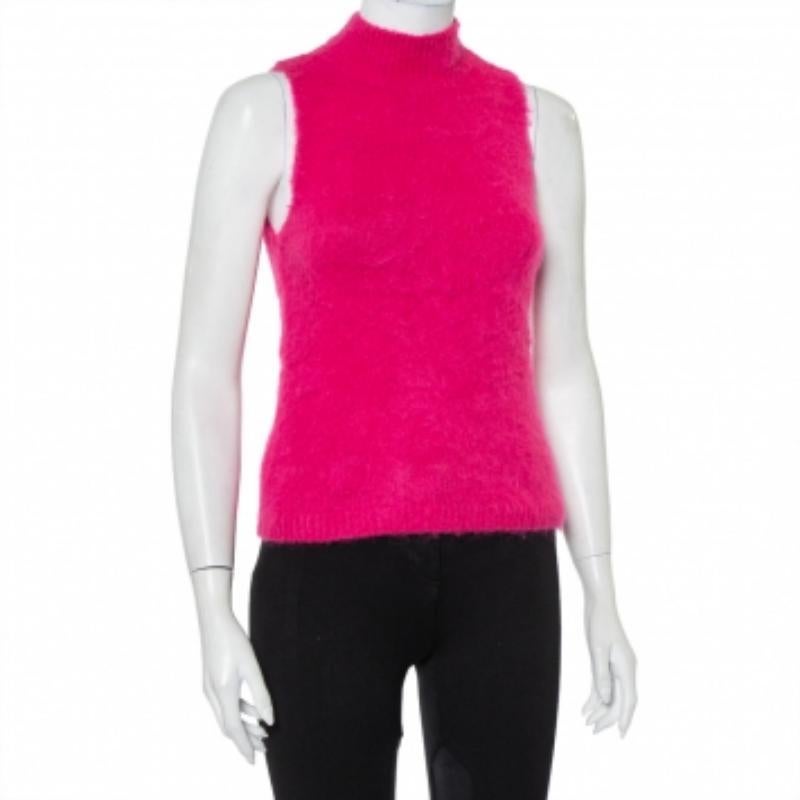 Versace Pink Mohair High Neck Sleeveless Tank Top M In Good Condition For Sale In Dubai, Al Qouz 2