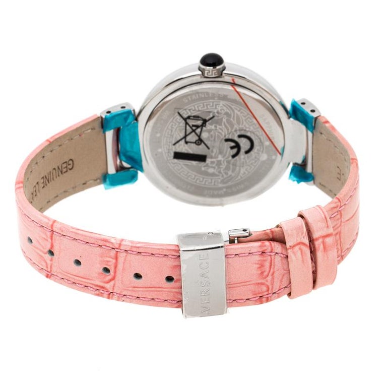 Versace Pink Mother of Pearl Stainless Steel Leda VNC Women's Wristwatch 38 mm For Sale at 1stDibs