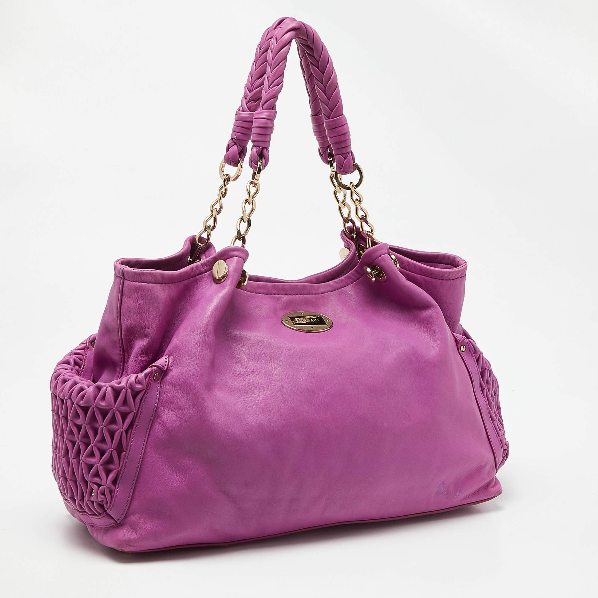 Versace Pink Pleated Leather Chain Satchel 8