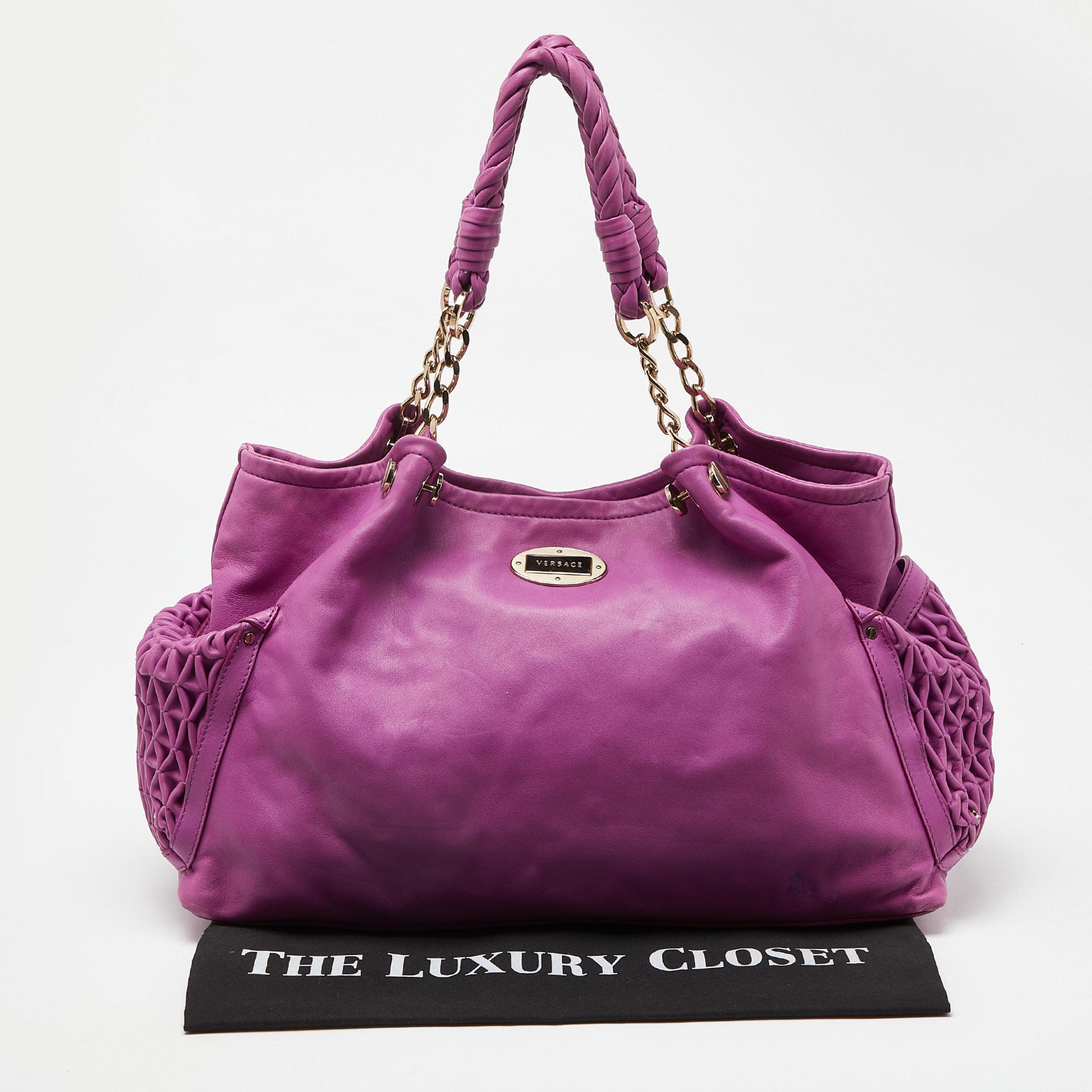 Versace Pink Pleated Leather Chain Satchel For Sale 4