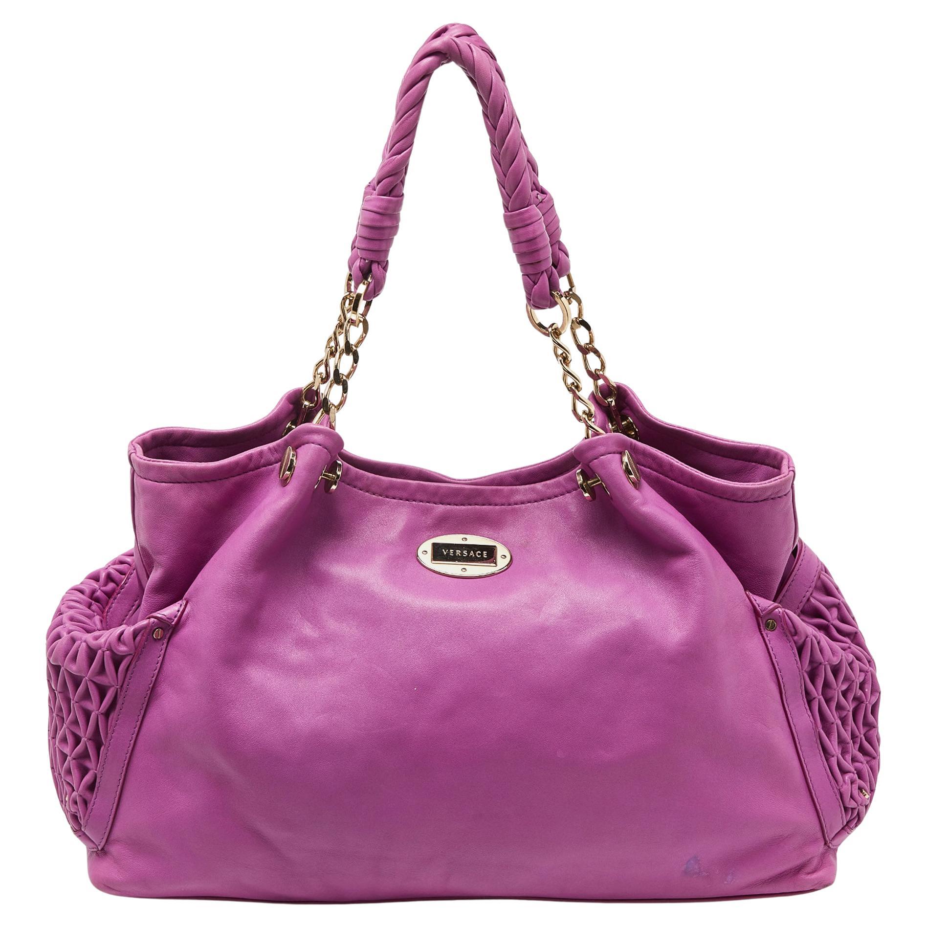 Versace Pink Pleated Leather Chain Satchel For Sale