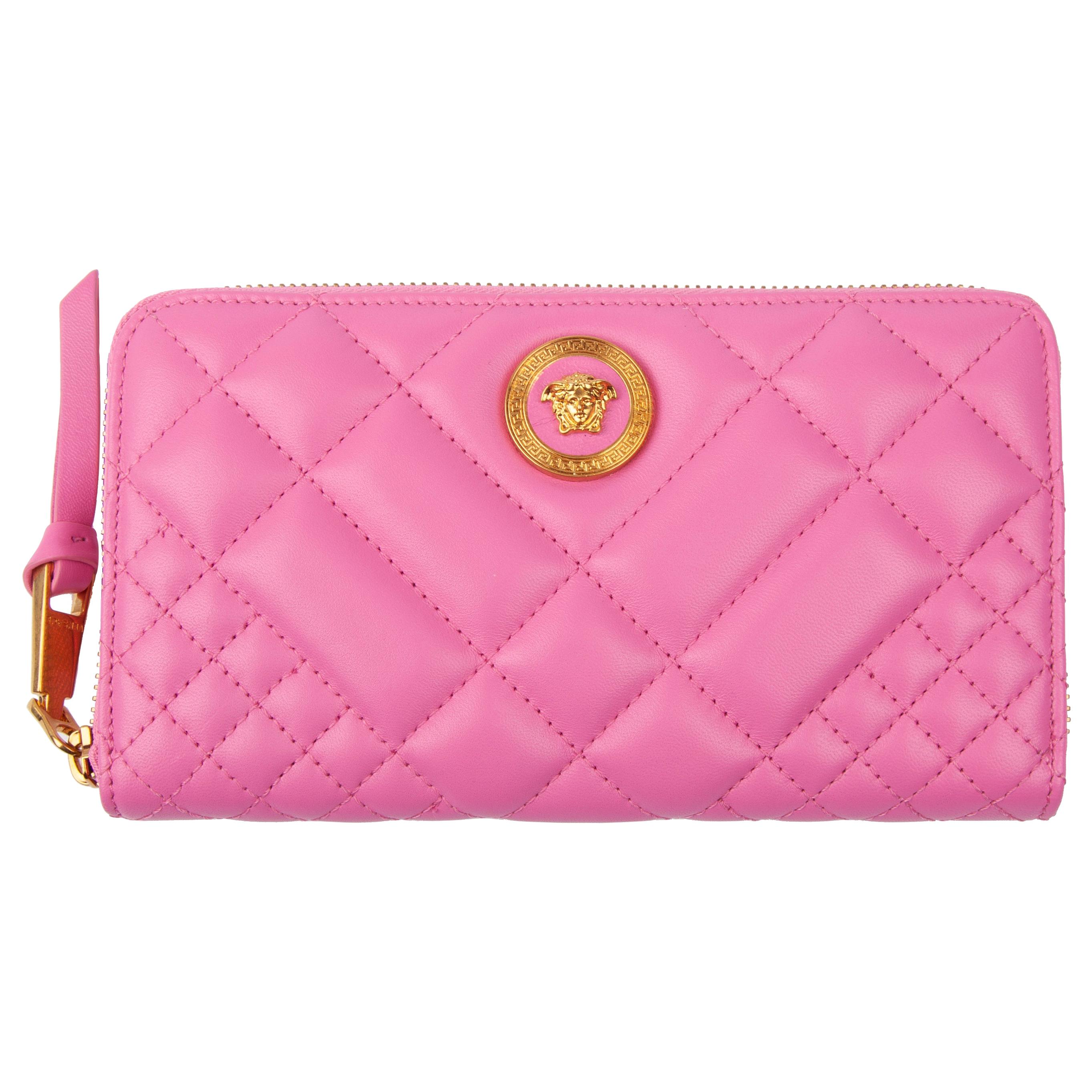 Versace Pink Quilted Icon Zip Around Leather Wallet w/ Gold Tone Medusa Hardware