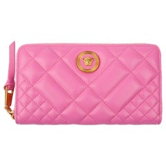 Versace Pink Quilted Icon Zip Around Leather Wallet w/ Gold Tone Medusa Hardware