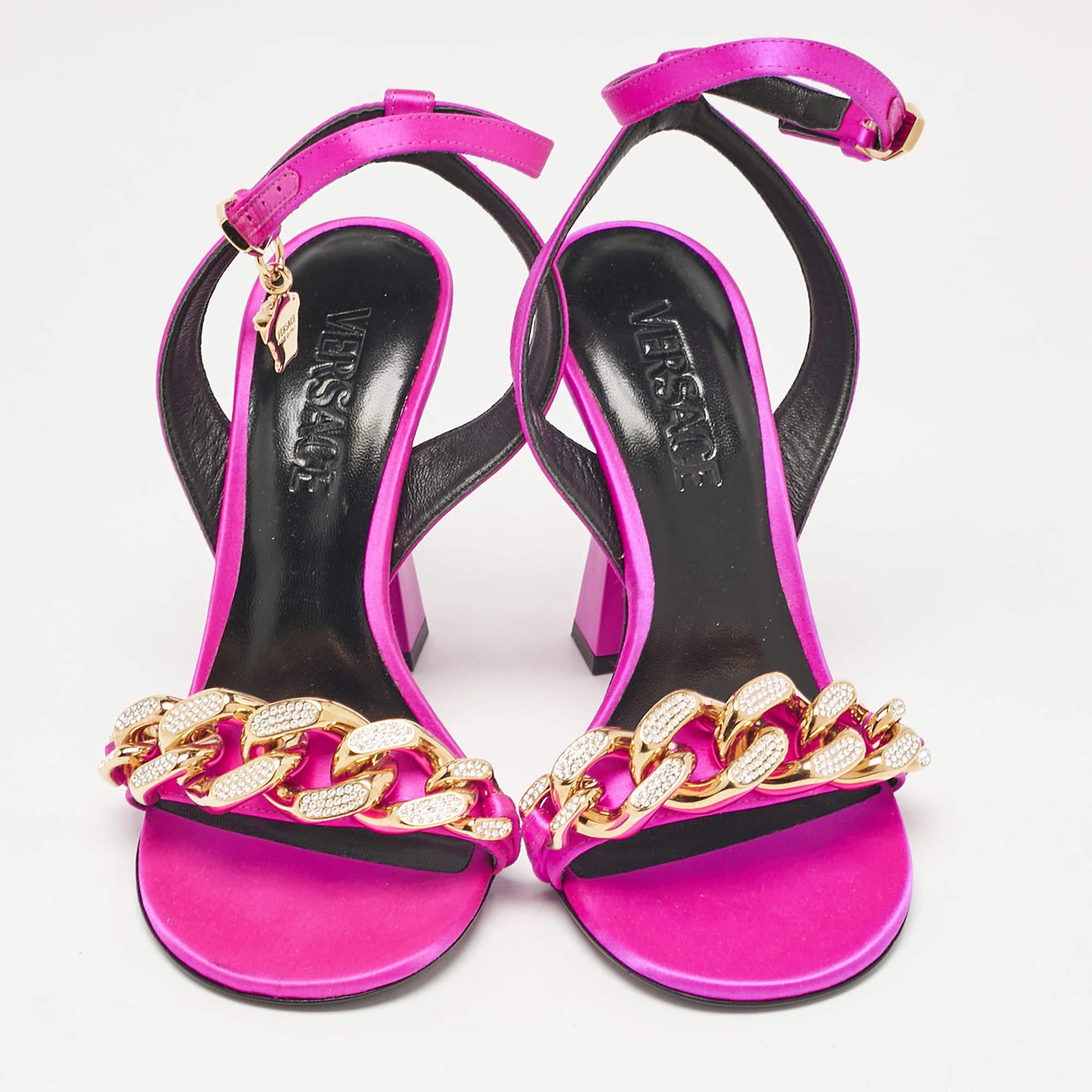 Versace Pink Satin Medusa Ankle Strap Sandals Size 36 In New Condition For Sale In Dubai, Al Qouz 2