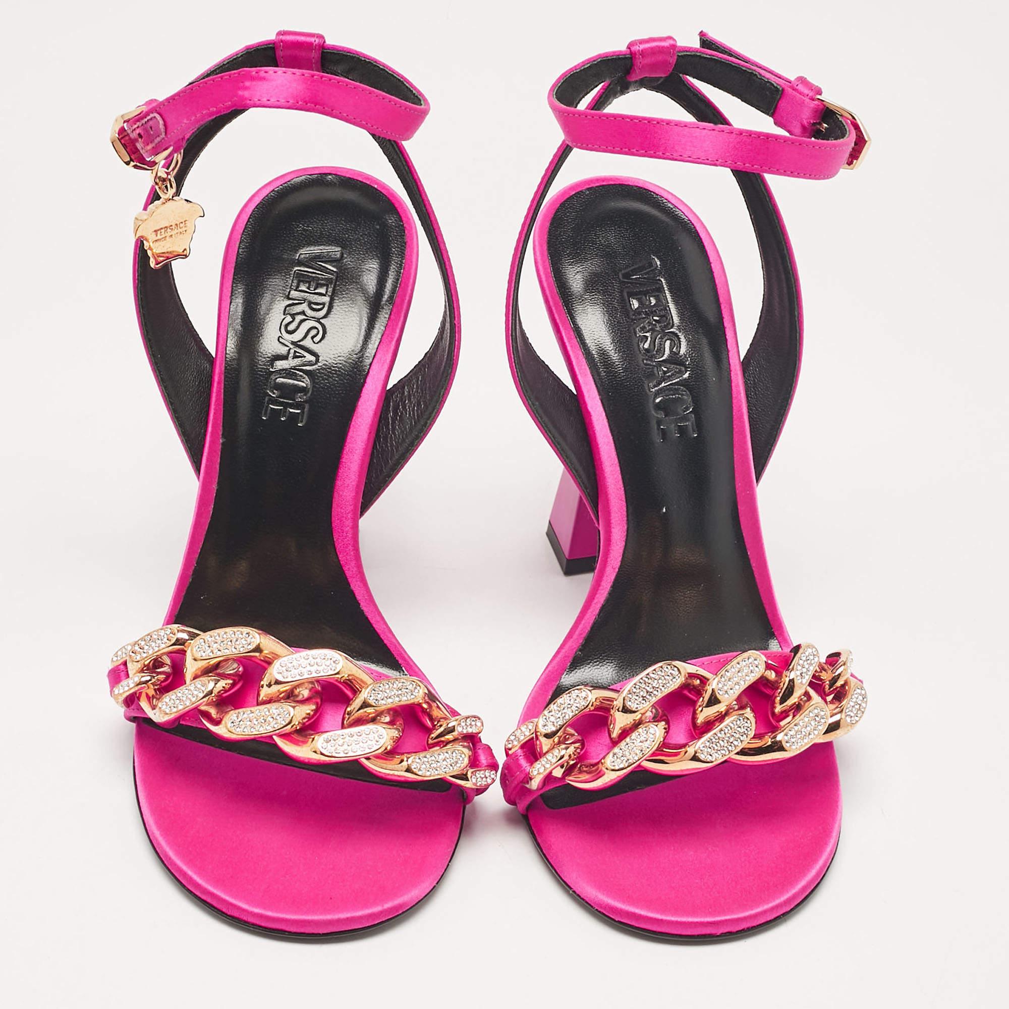 Versace Pink Satin Medusa Chain Ankle Strap Sandals Size 36 In New Condition For Sale In Dubai, Al Qouz 2